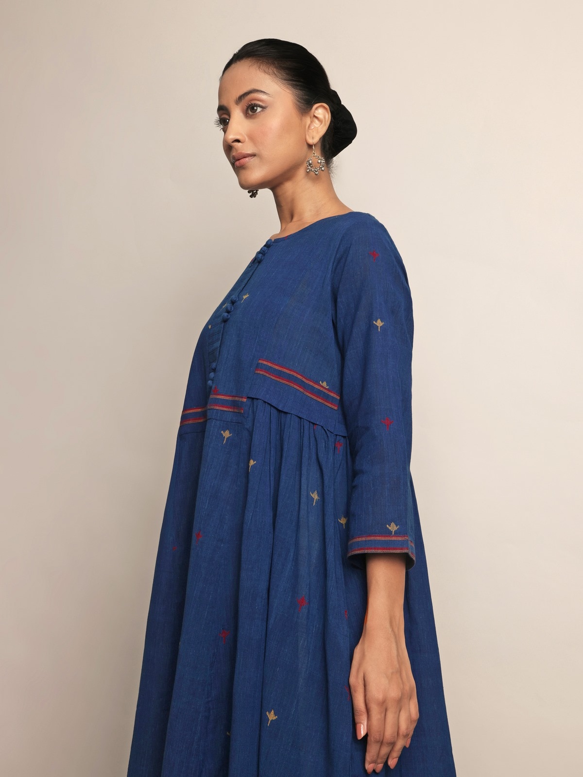 Close-up detail of Indigo Cotton A-Line Kurta fabric texture and stitching.