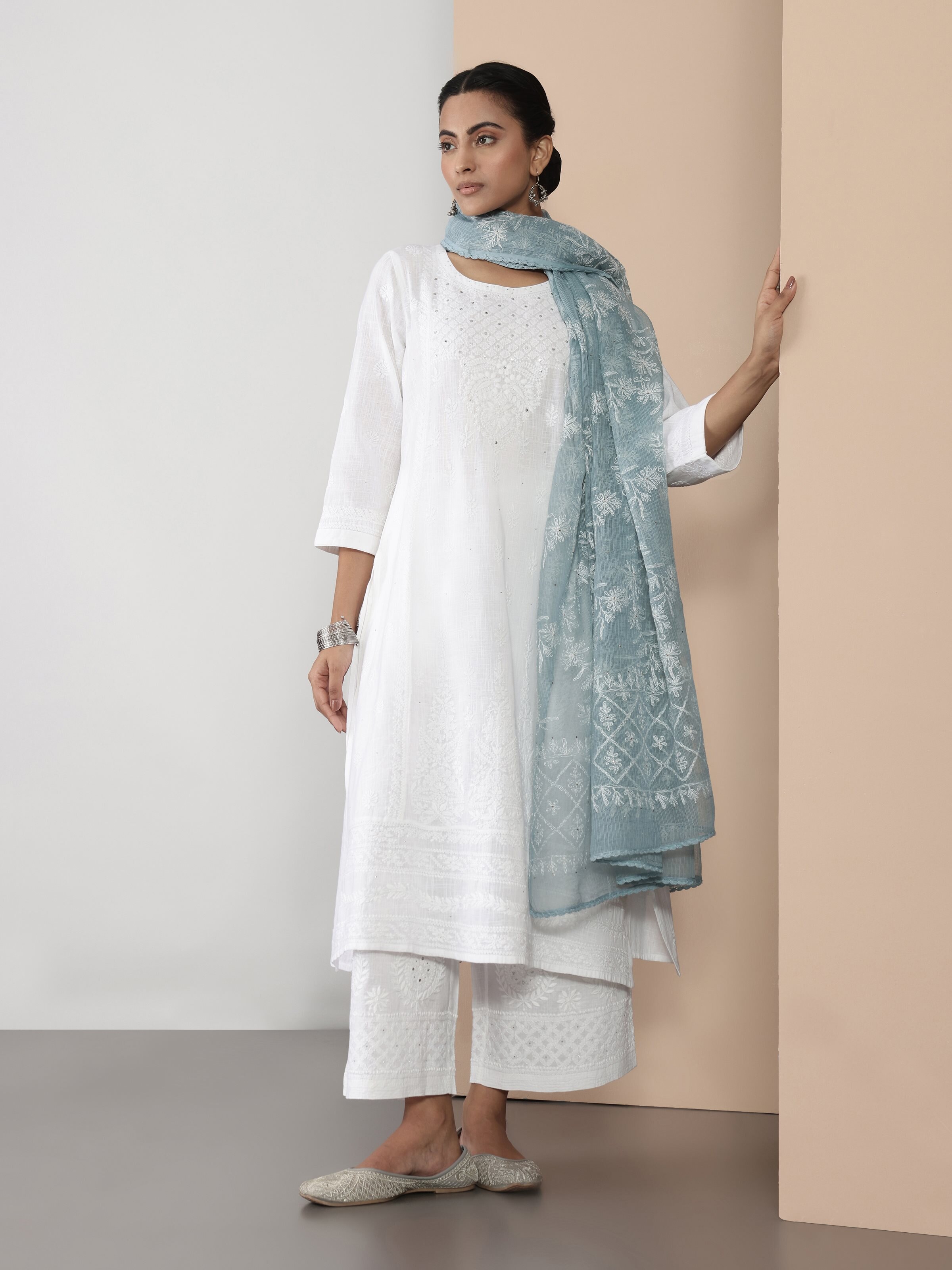 Full-length view of cotton palazzo styled for summer ethnic wear.