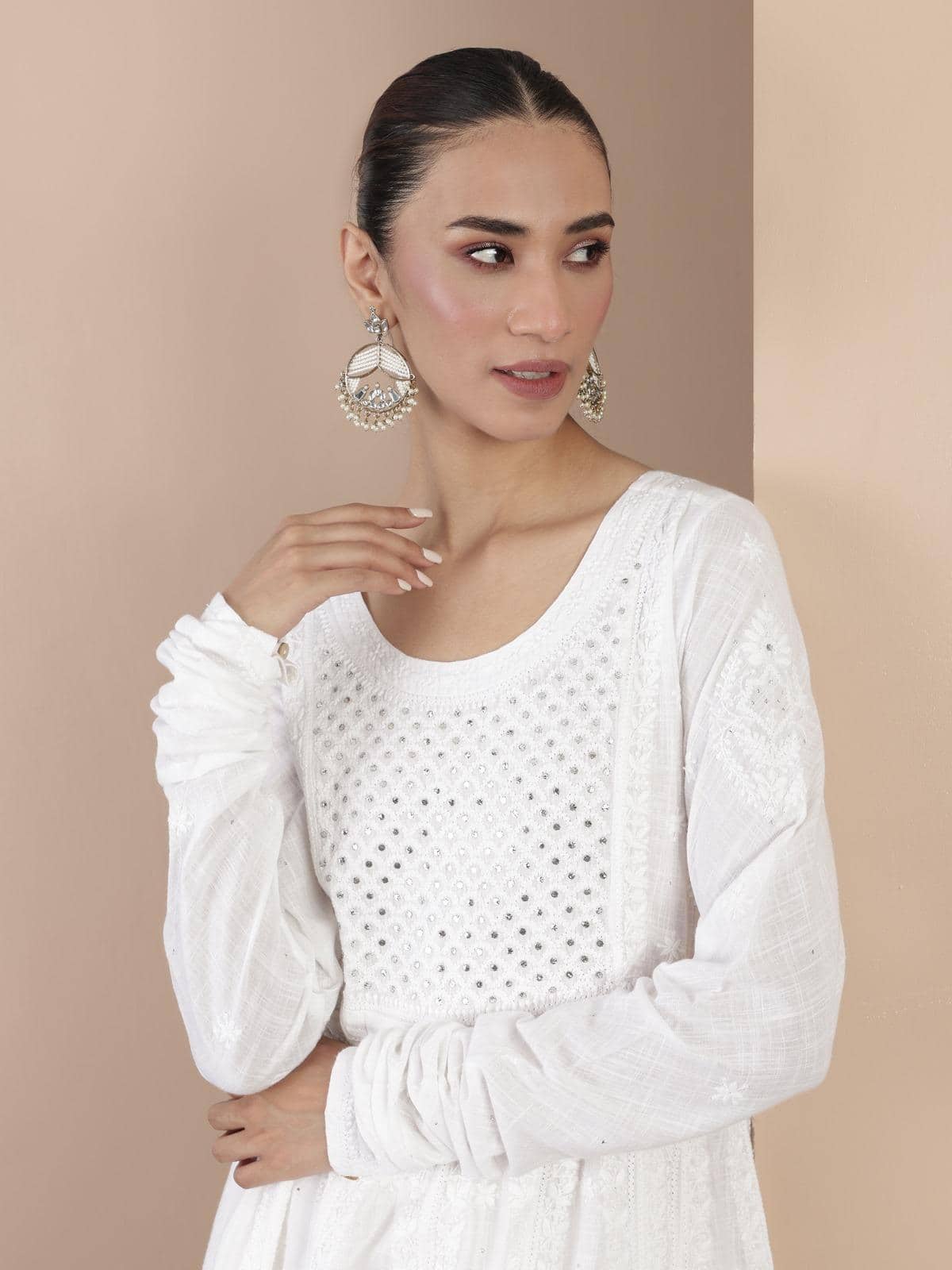 Another angle capturing the graceful fall and intricate hand embroidery.