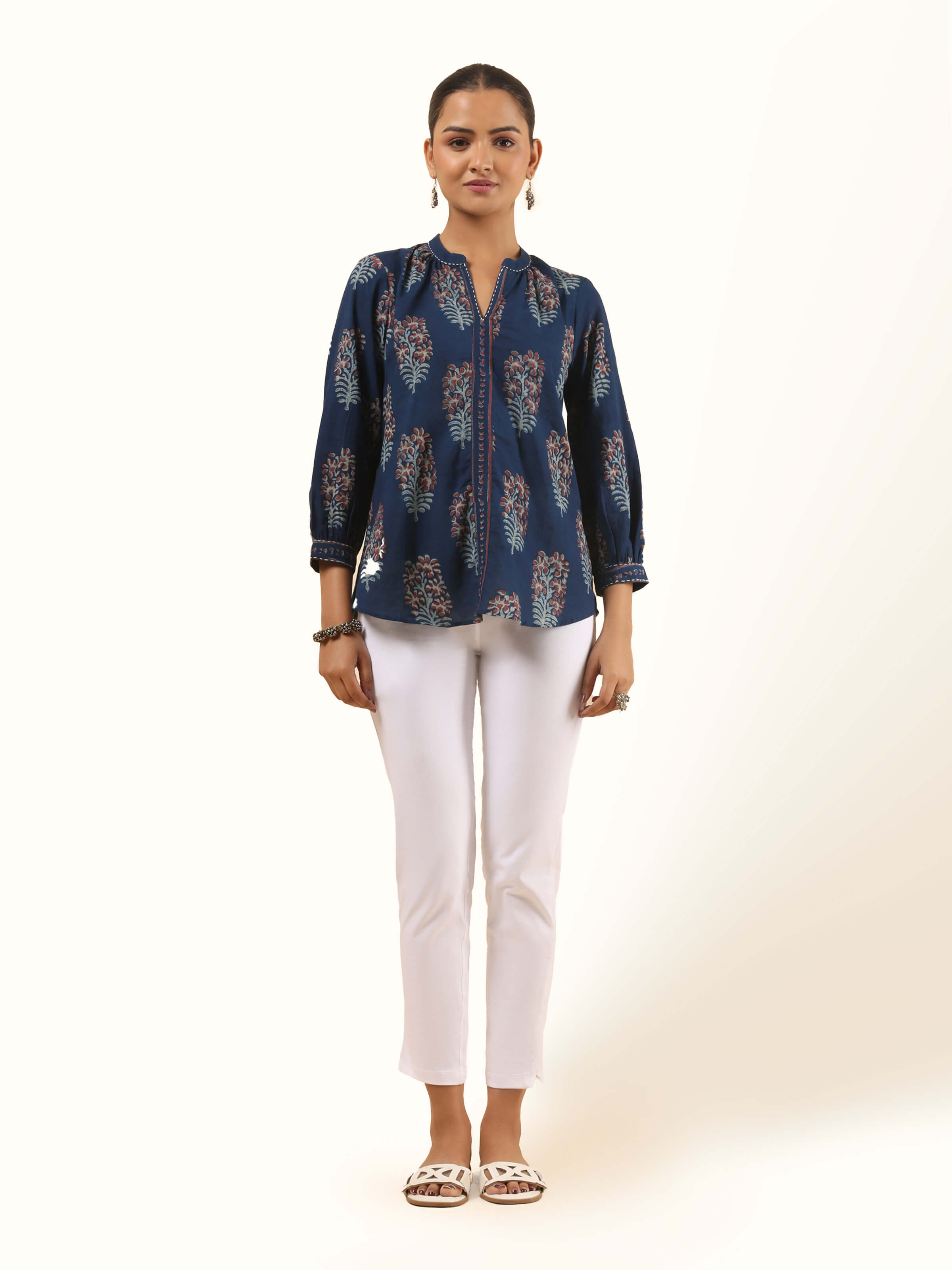 Blue Cotton Dabu Block Printed Top