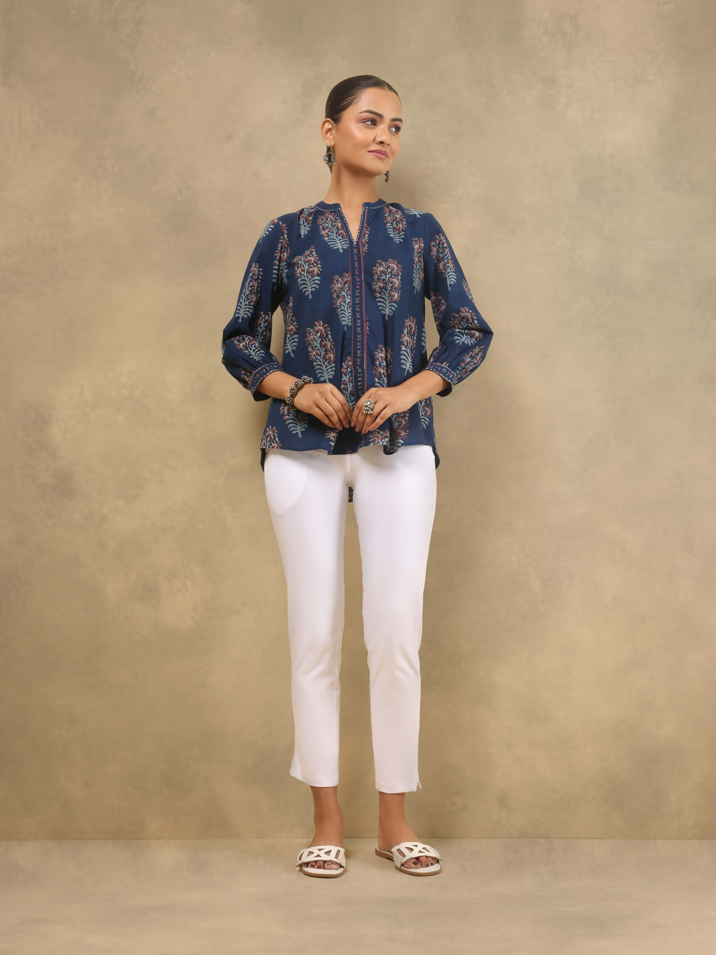 Blue Cotton Dabu Block Printed Top