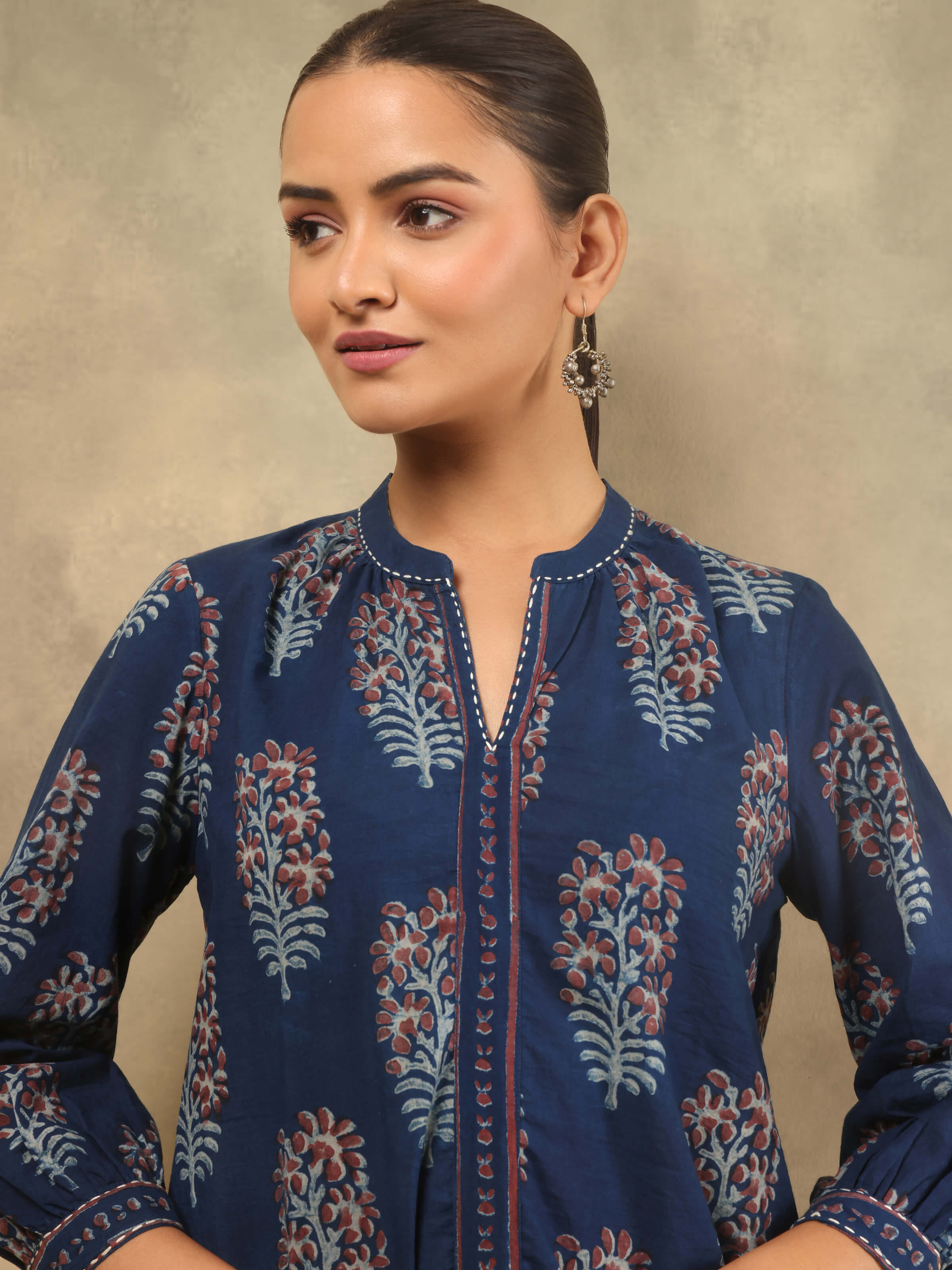 Blue Cotton Dabu Block Printed Top