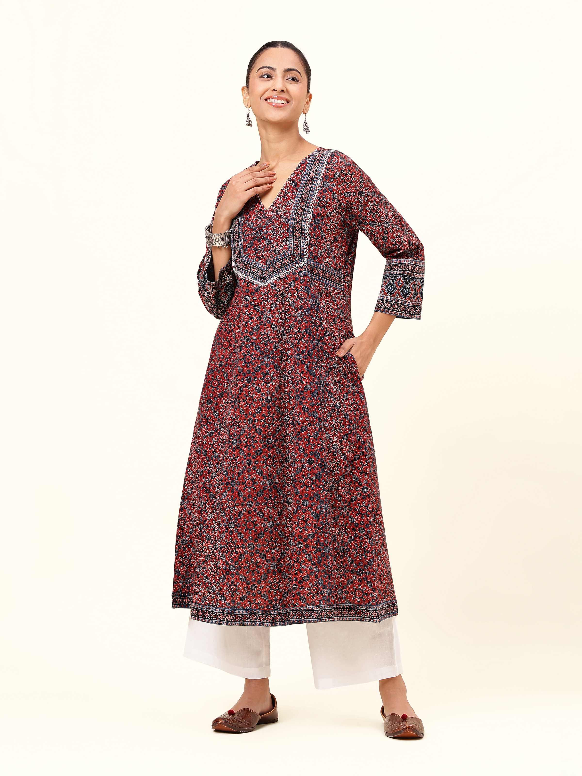 Front view of blue cotton A-line kurta with Ajrakh block print and round neckline