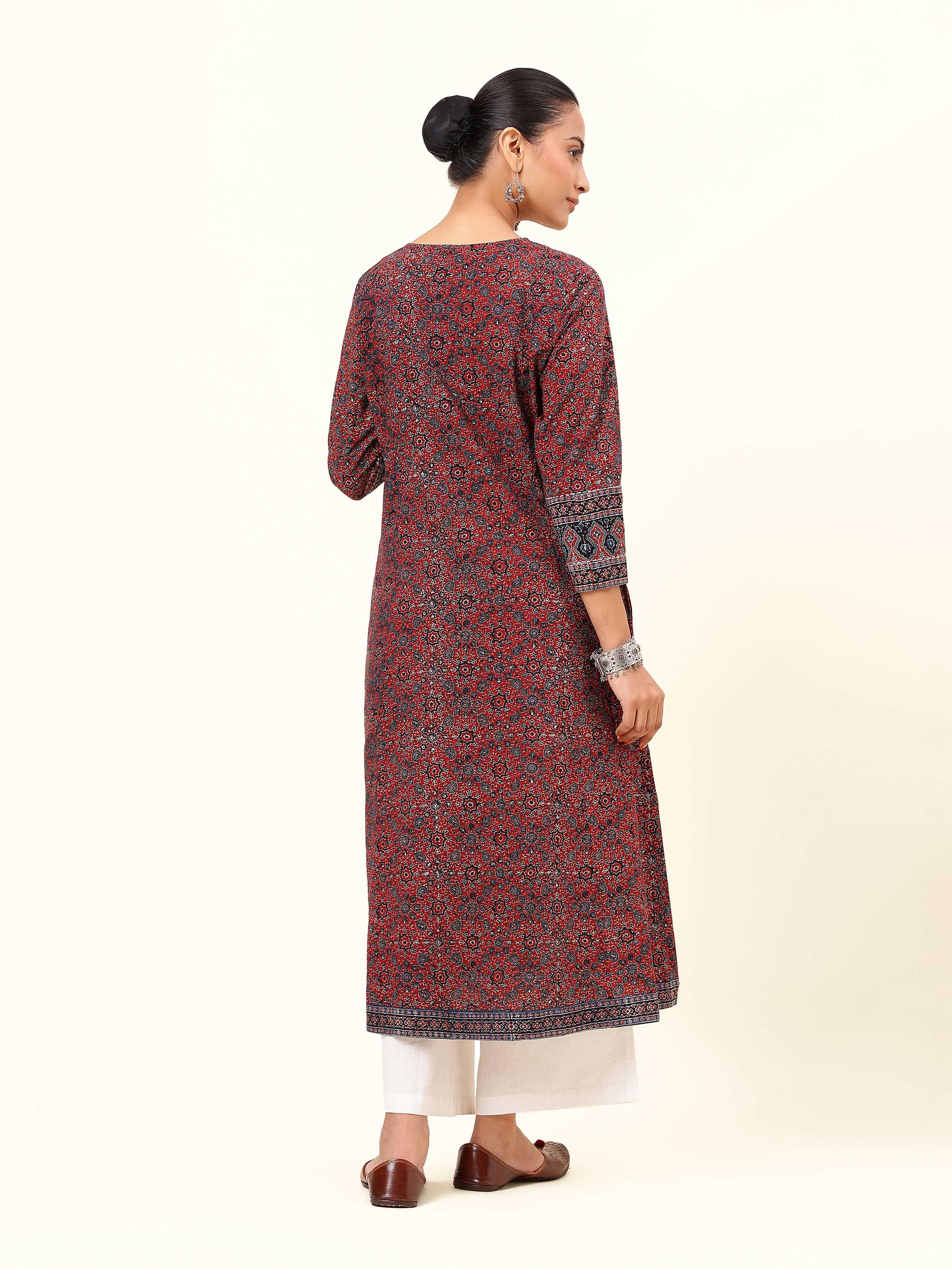 Back view of Ajrakh block printed blue A-line kurta highlighting back pattern and fall