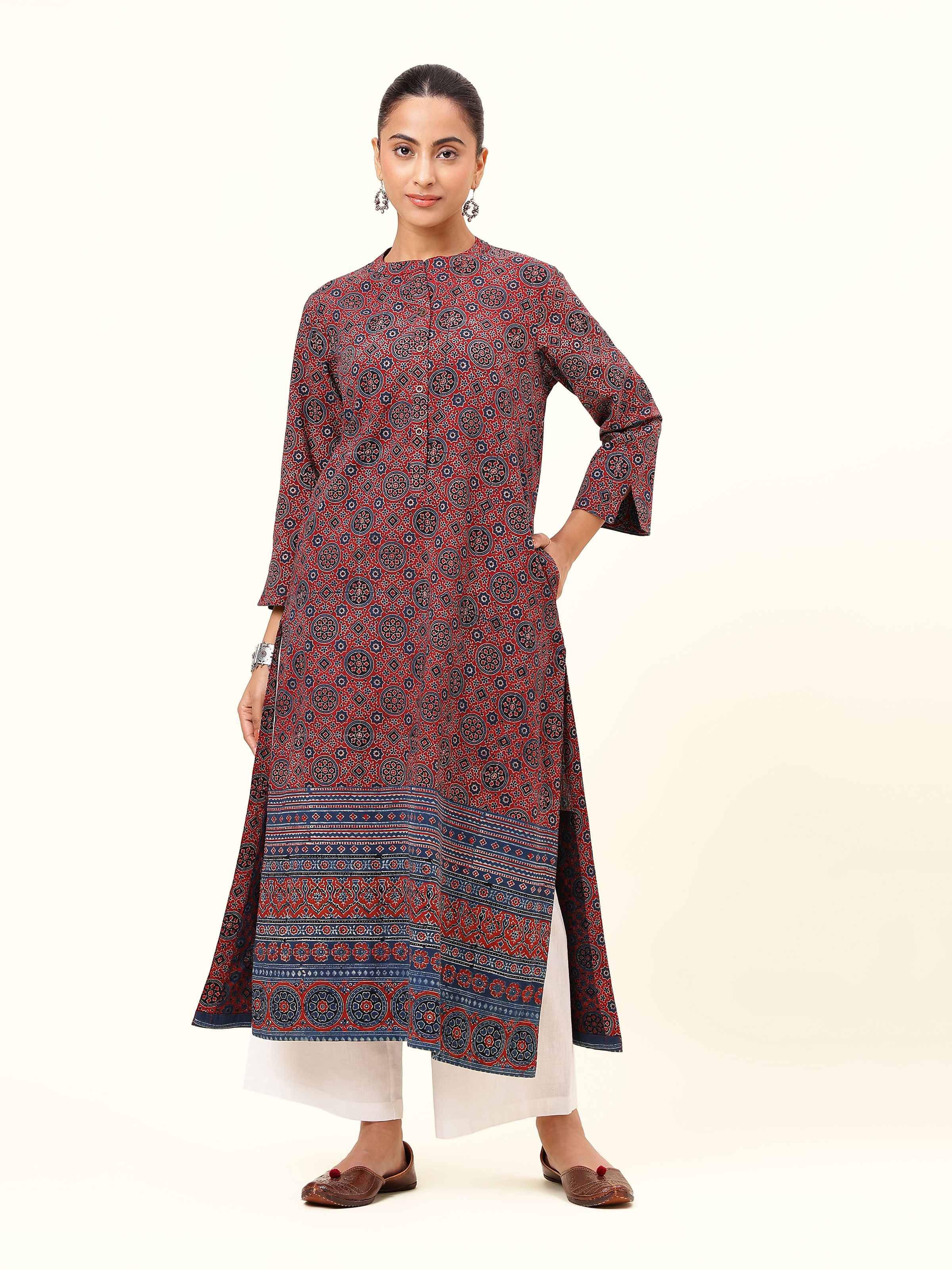 Front view displaying the striking blue cotton with Ajrakh block prints.