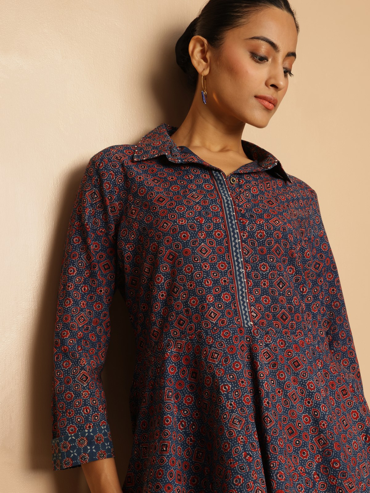 Alternate lifestyle view of Ajrakh cotton peplum top styled for casual look