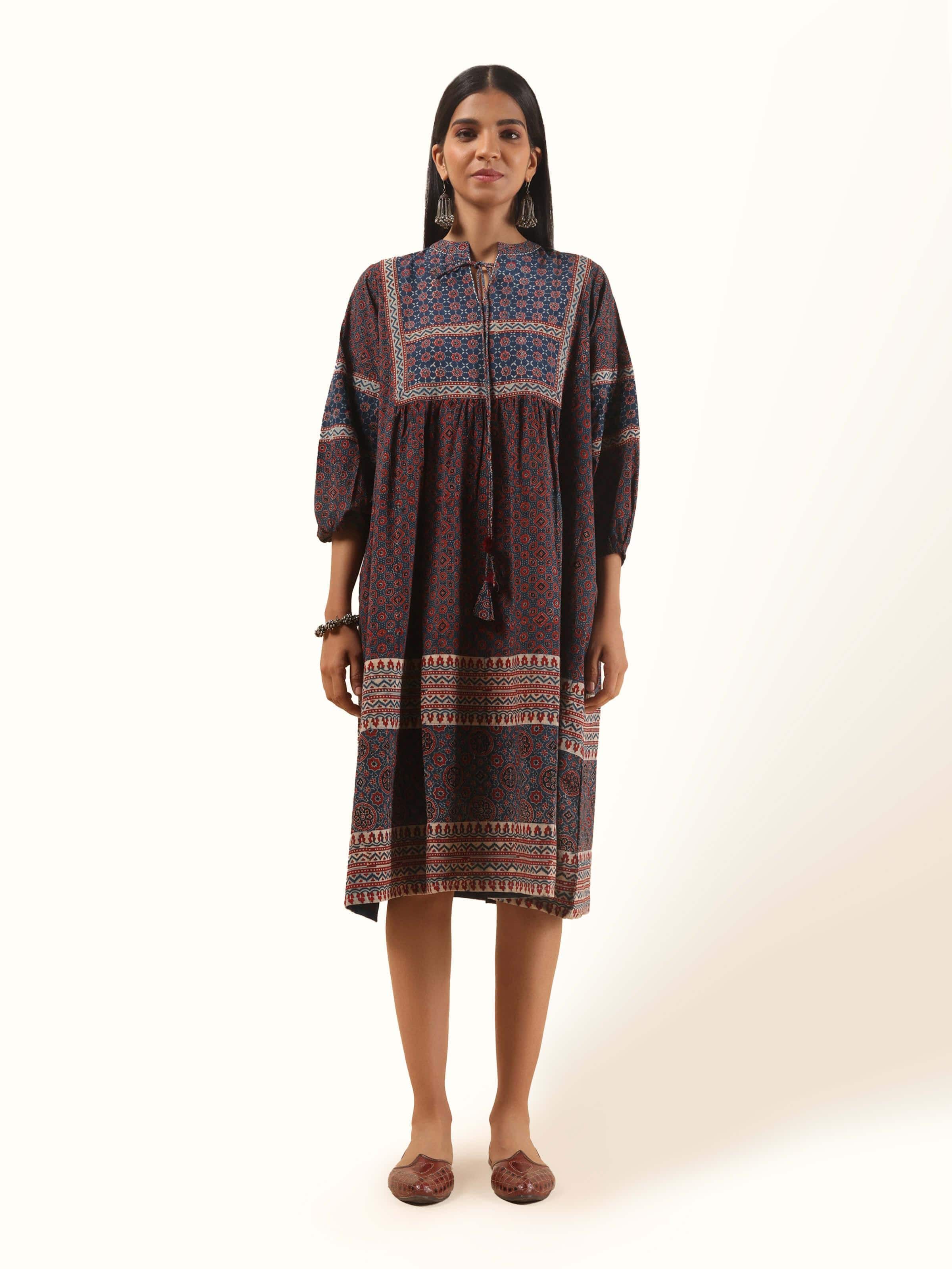 Front view of blue summer peasant dress in cotton with Ajrakh block print