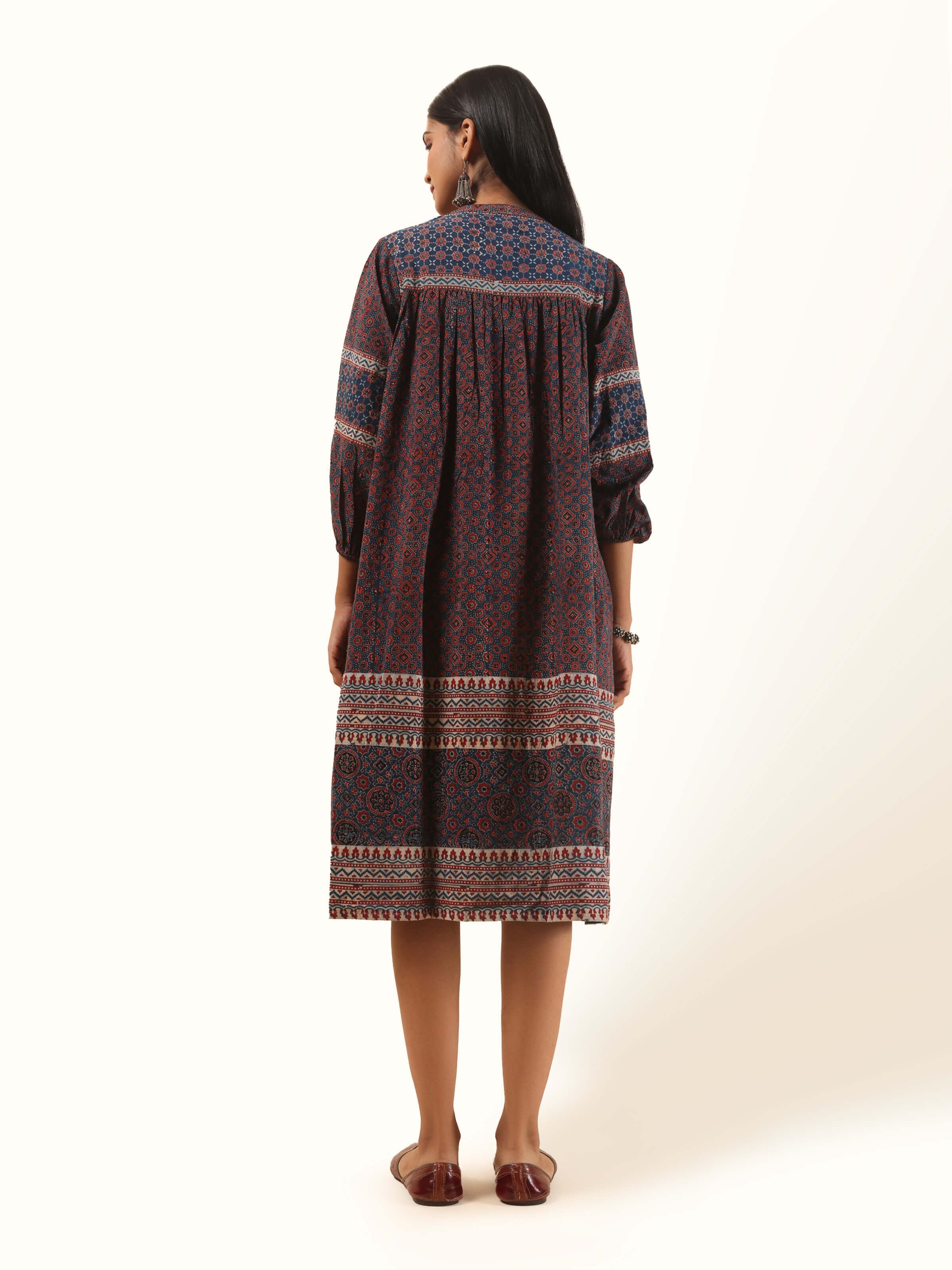 Back view of Ajrakh block printed blue cotton dress with flared hemline