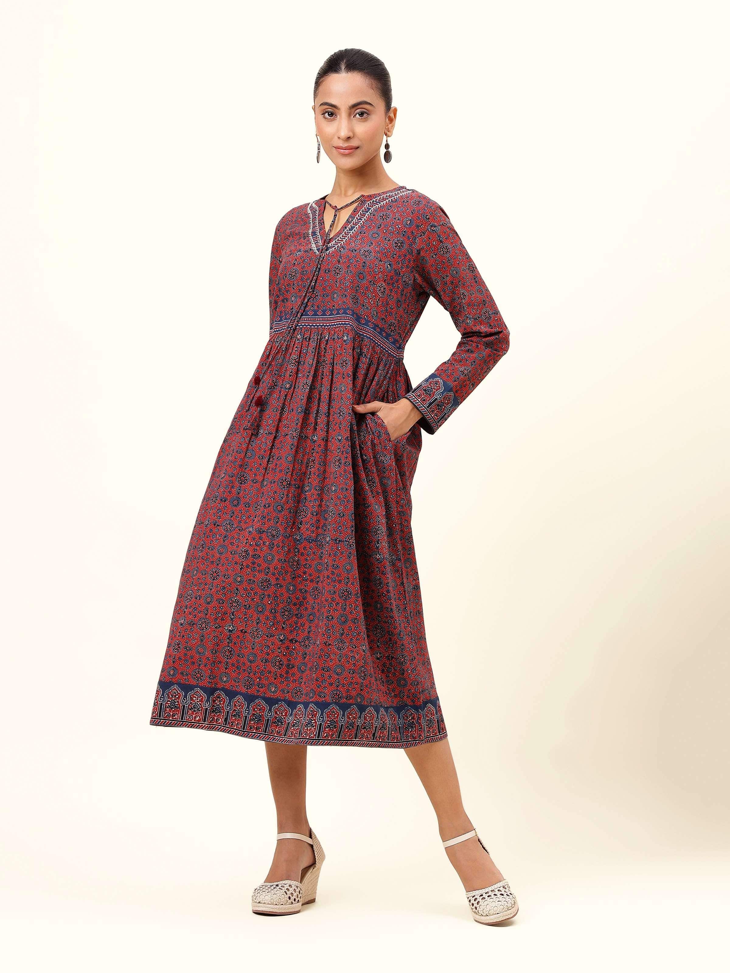 Blue cotton Ajrakh block printed tie-up midi dress front view showing V-neckline, tie-up waist, and Ajrakh print