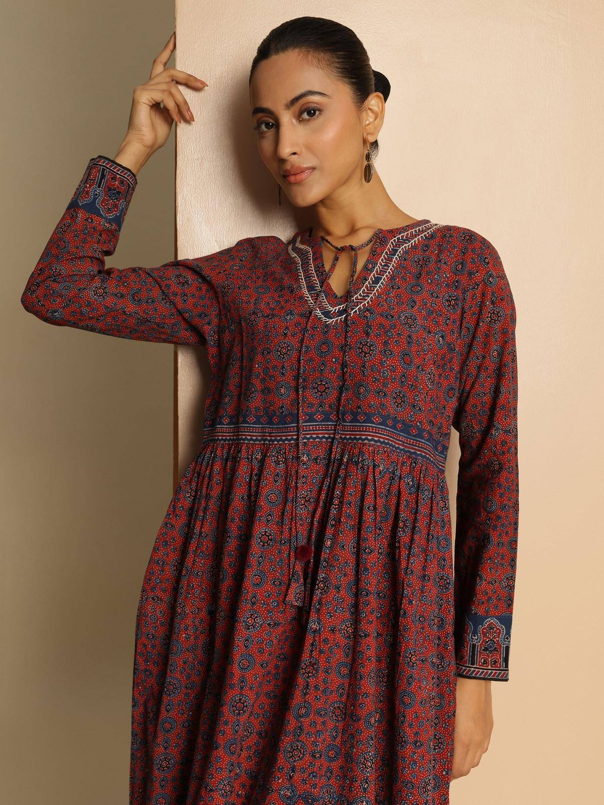 Blue cotton Ajrakh block printed tie-up midi dress alternate lifestyle view showing the silhouette and sleeve fit