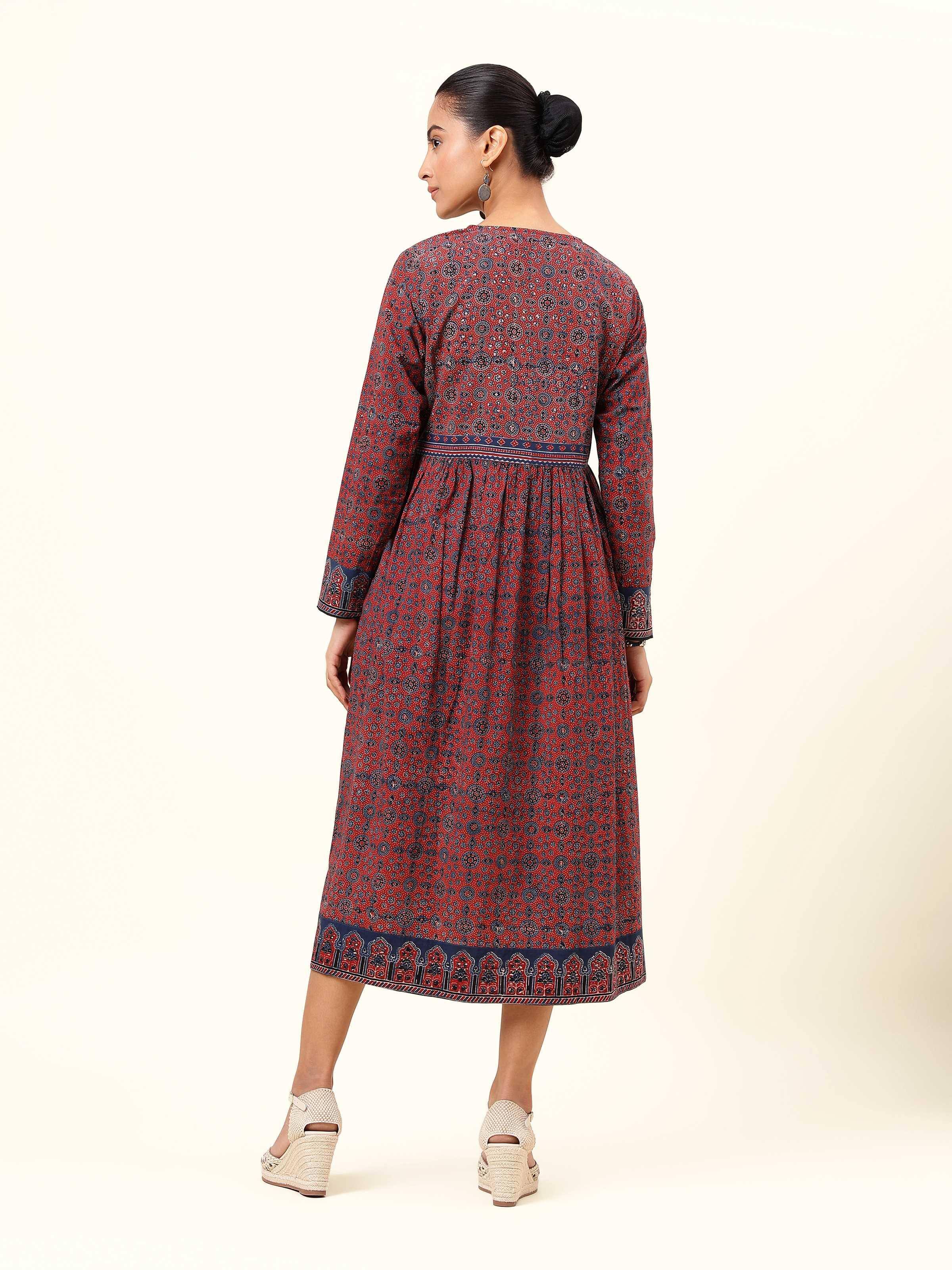 Blue cotton Ajrakh block printed tie-up midi dress back view showing tie detail and print continuity