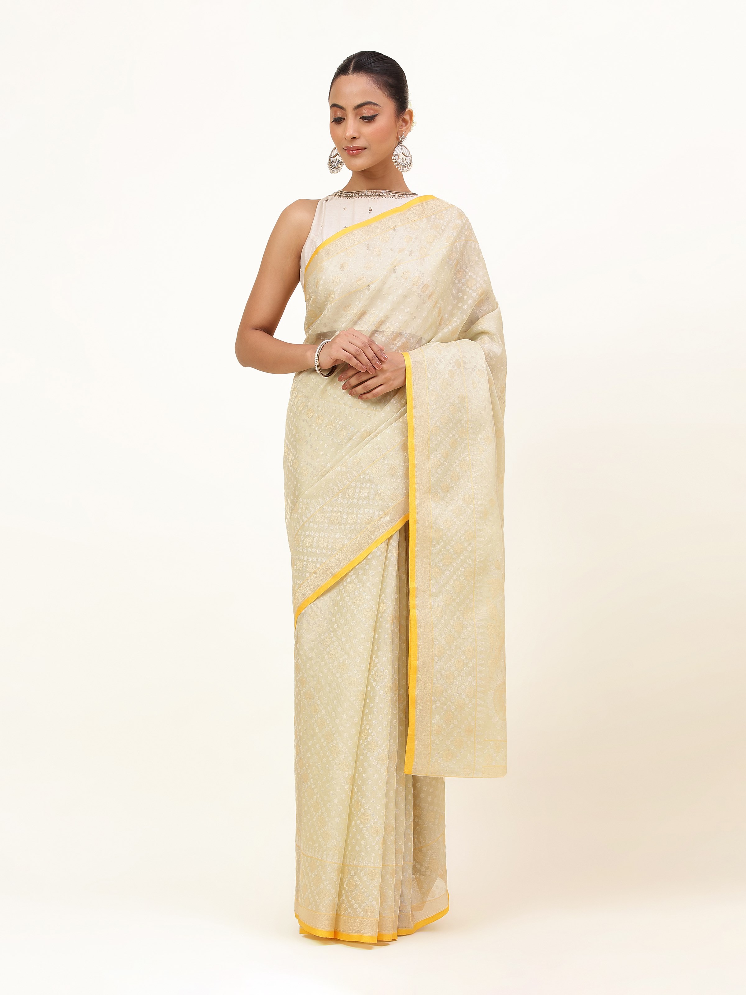 Light Yellow Cotton Silk Awadh Jamdani Saree