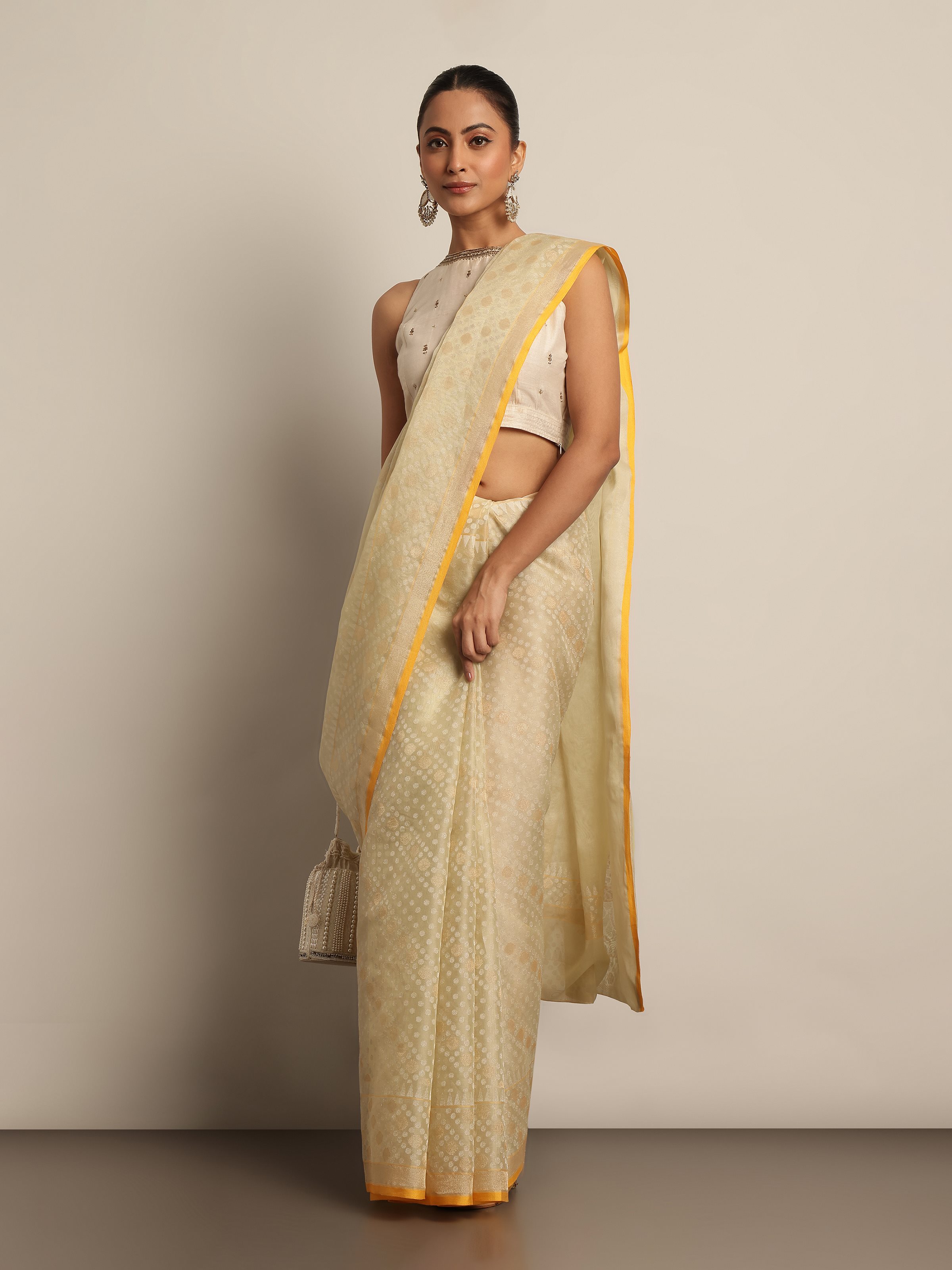 Light Yellow Cotton Silk Awadh Jamdani Saree