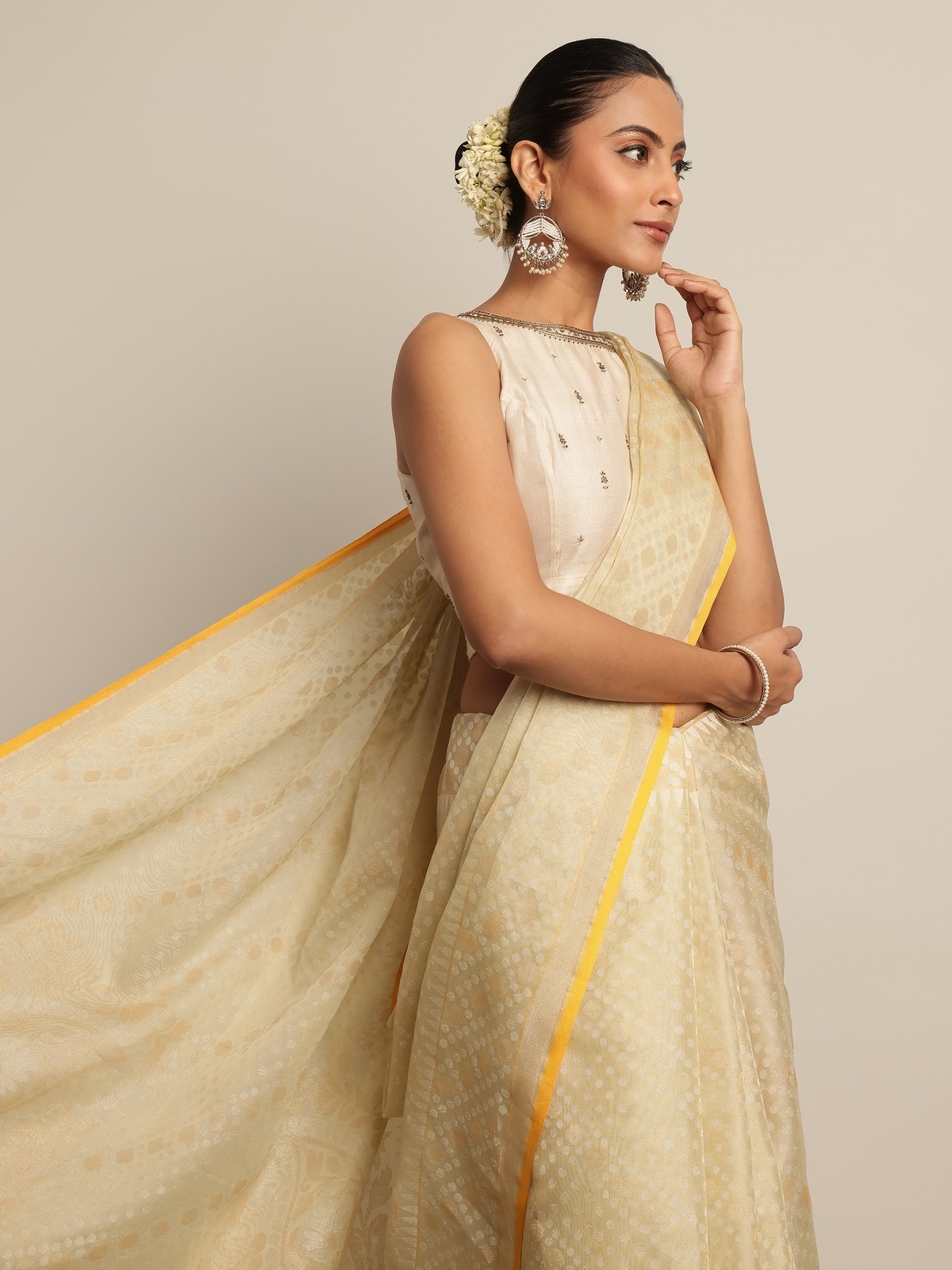 Light Yellow Cotton Silk Awadh Jamdani Saree