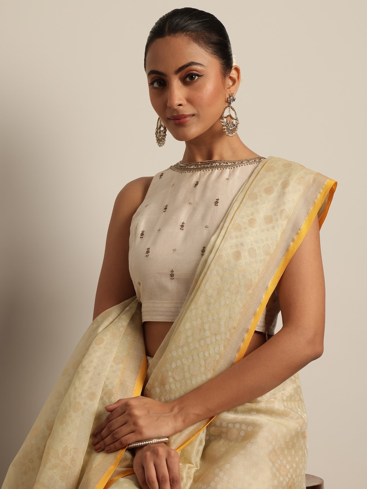Light Yellow Cotton Silk Awadh Jamdani Saree