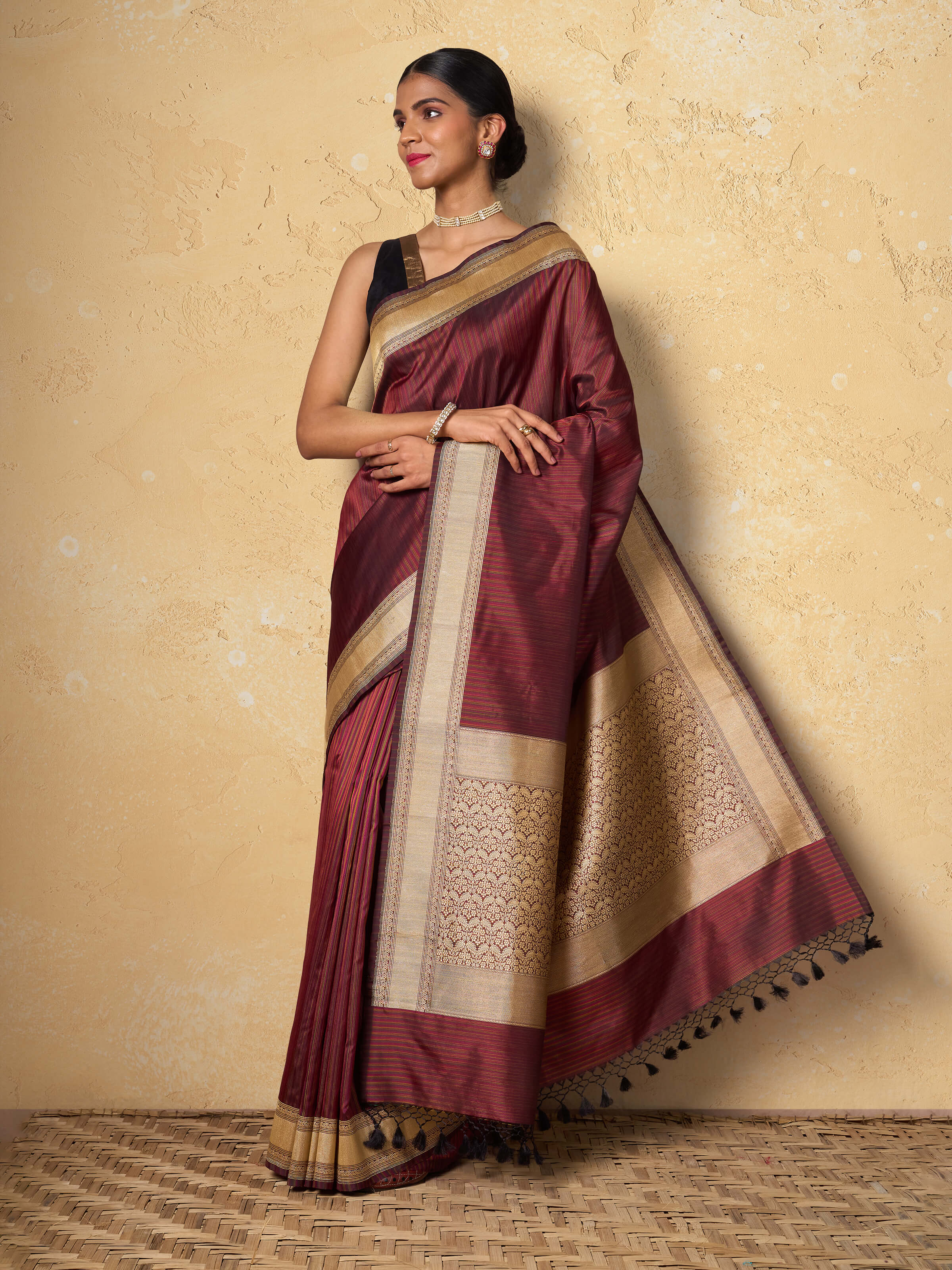 Wine Mulberry Katan Silk Banarasi Saree