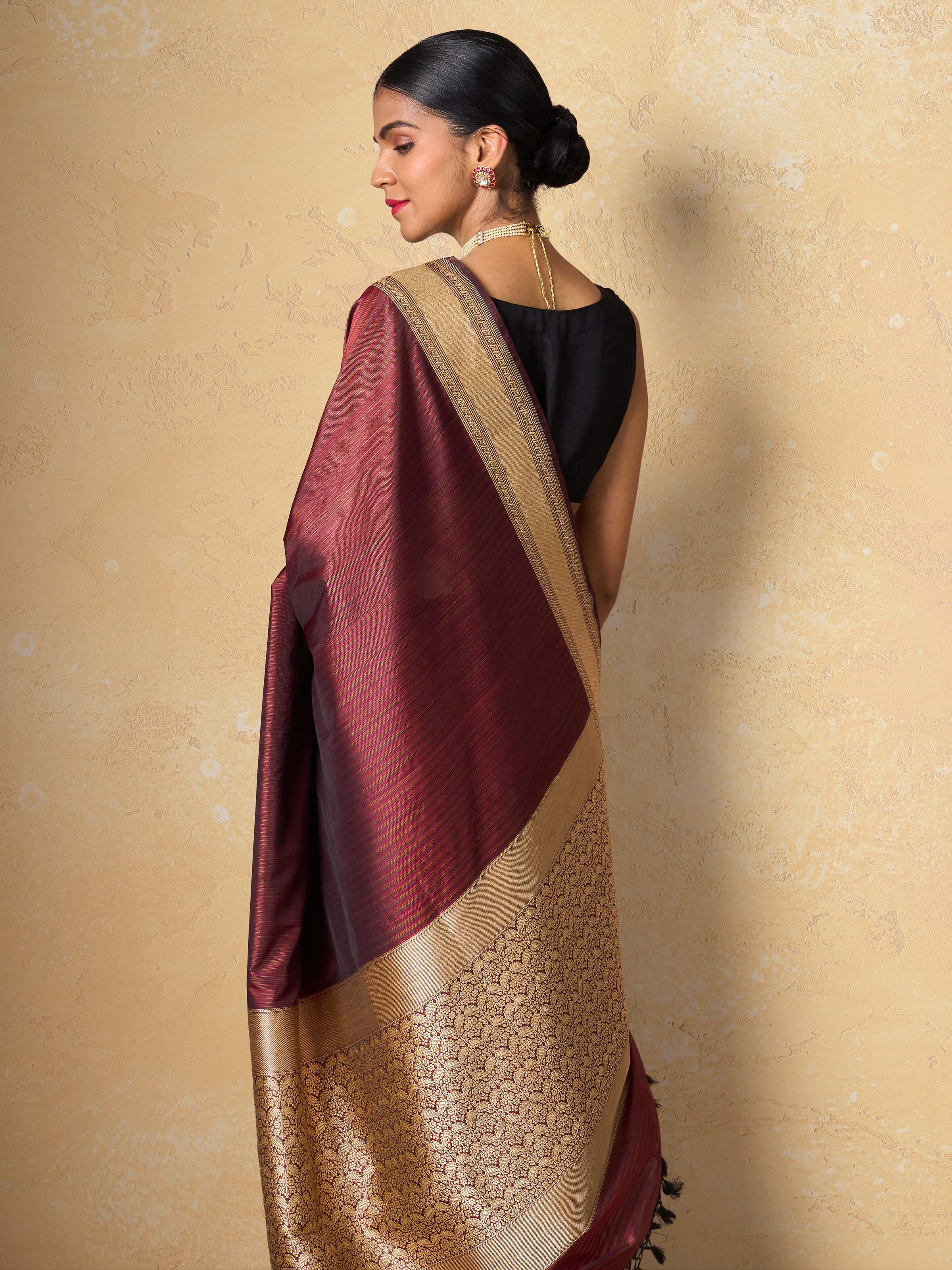 Wine Mulberry Katan Silk Banarasi Saree