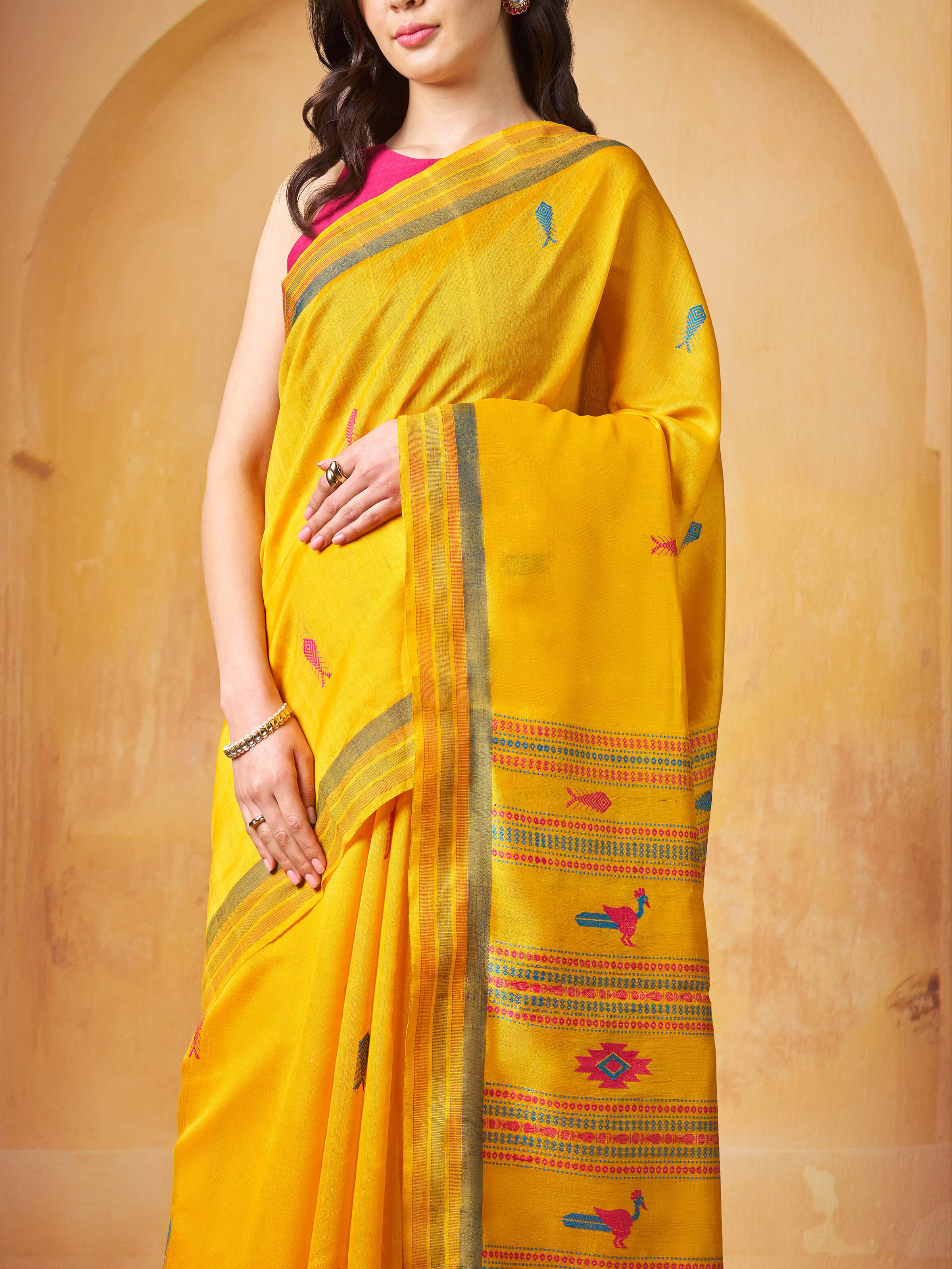 Yellow Silk Extra-weft Saree