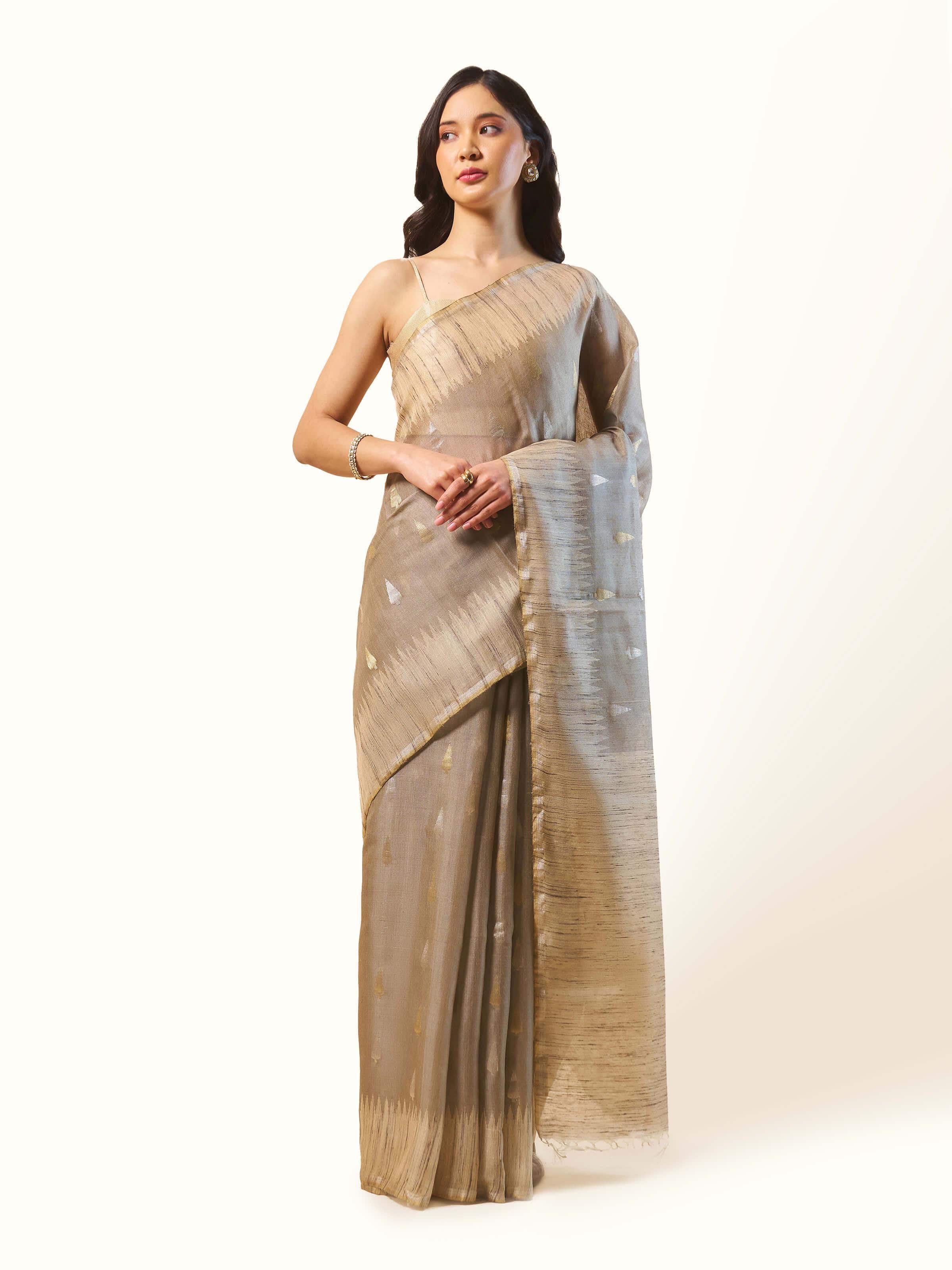 Front view of Light Grey Tussar Silk Saree featuring soft grey tone and subtle sheen