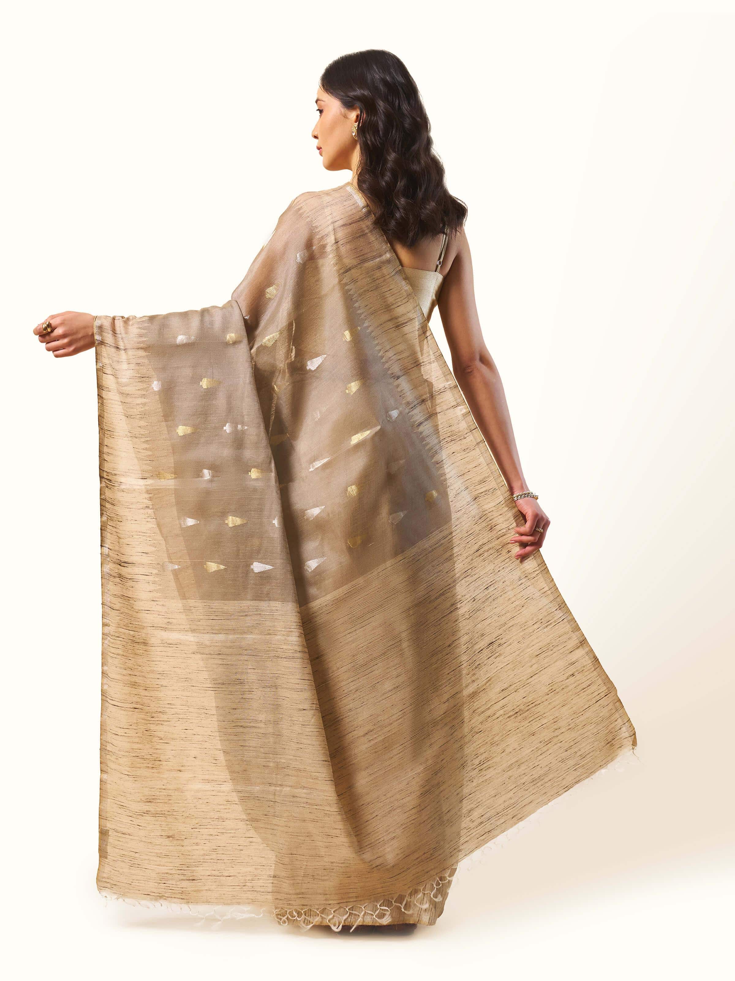 Back view displaying full length and fall of Light Grey Tussar Silk Saree