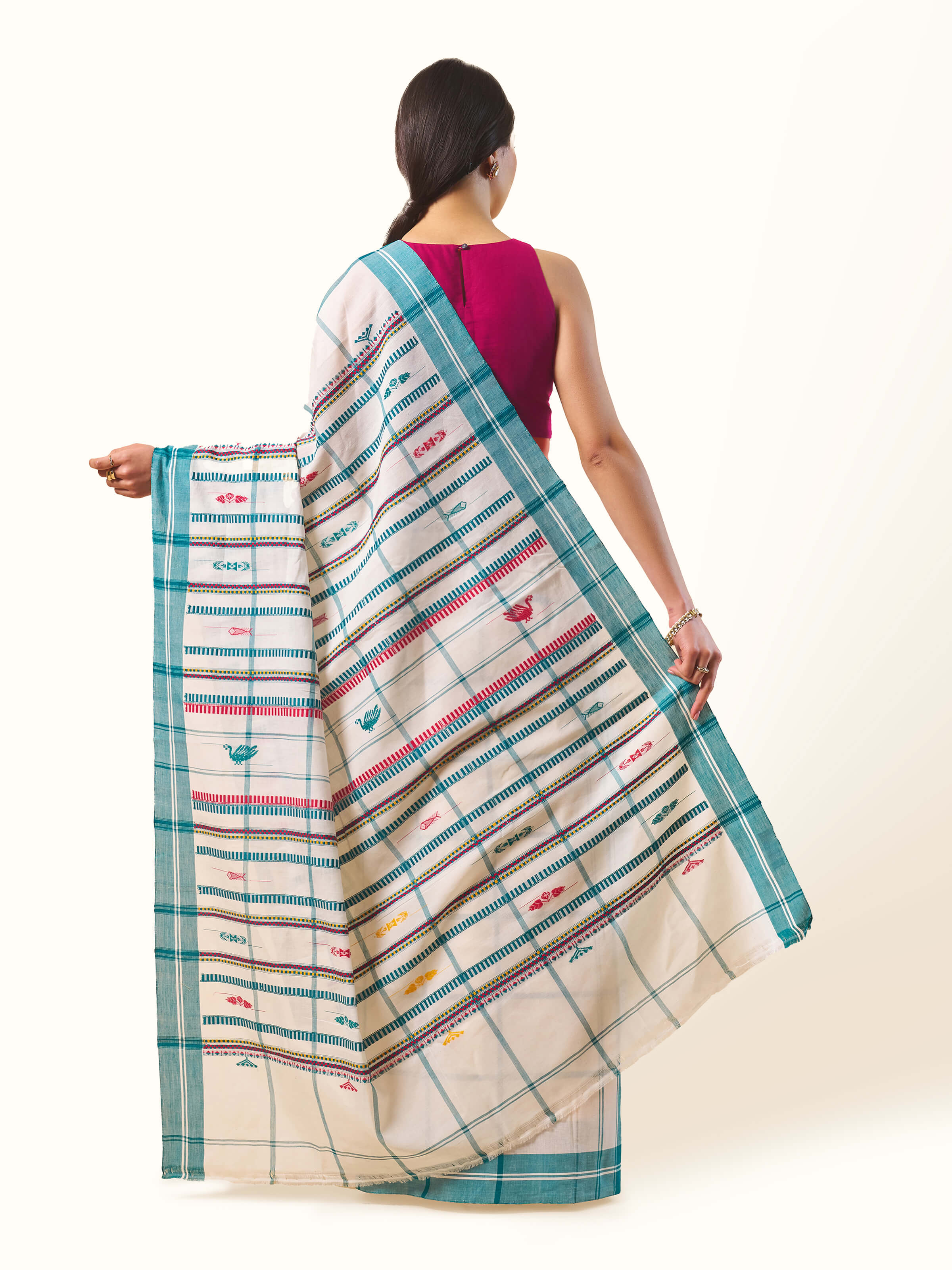 Front view of navy blue silk Pochampally double Ikat saree with traditional geometric motifs.