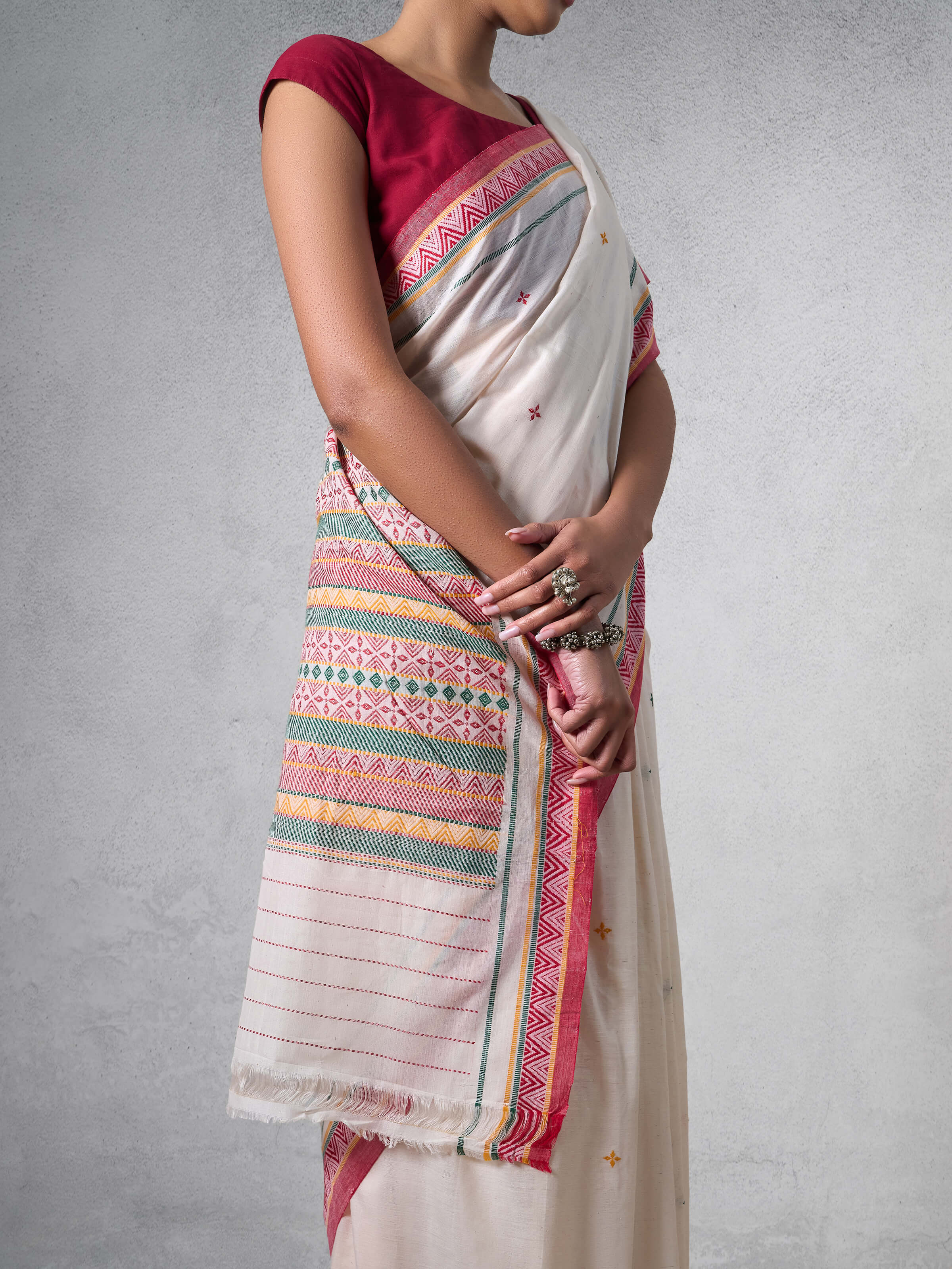 Detail shot of Off-white Cotton Dongaria Saree focusing on texture and weave pattern