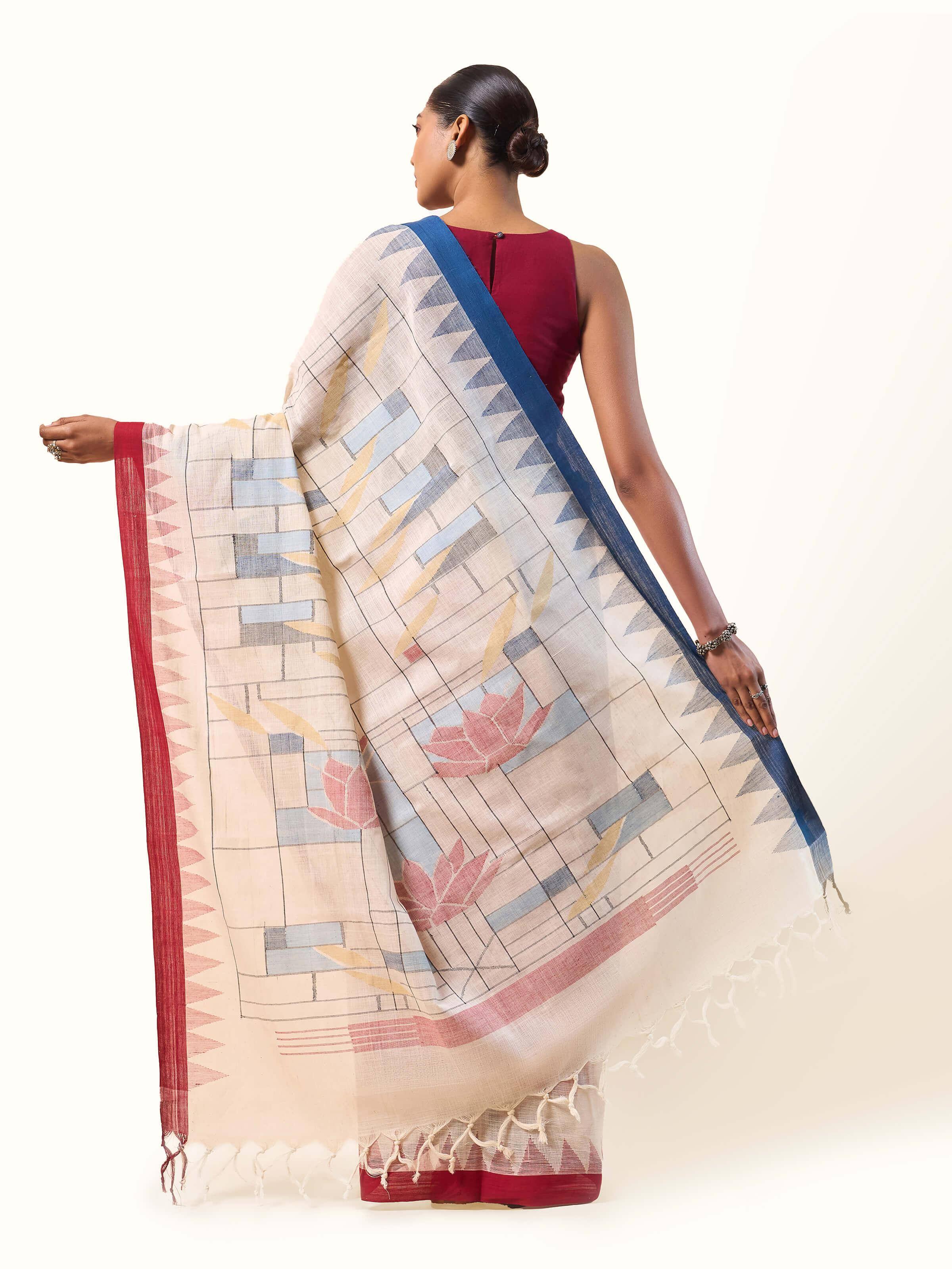Back view of off-white Jamdani saree with visible pallu and subtle traditional woven patterns.