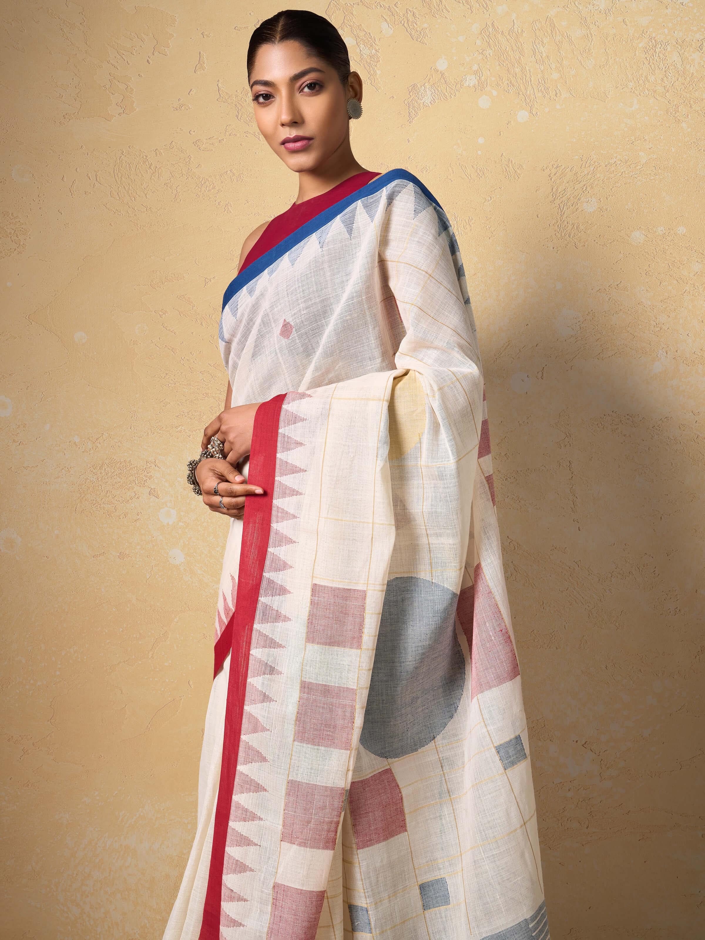 Angled view emphasizing cotton texture and traditional Jamdani patterns