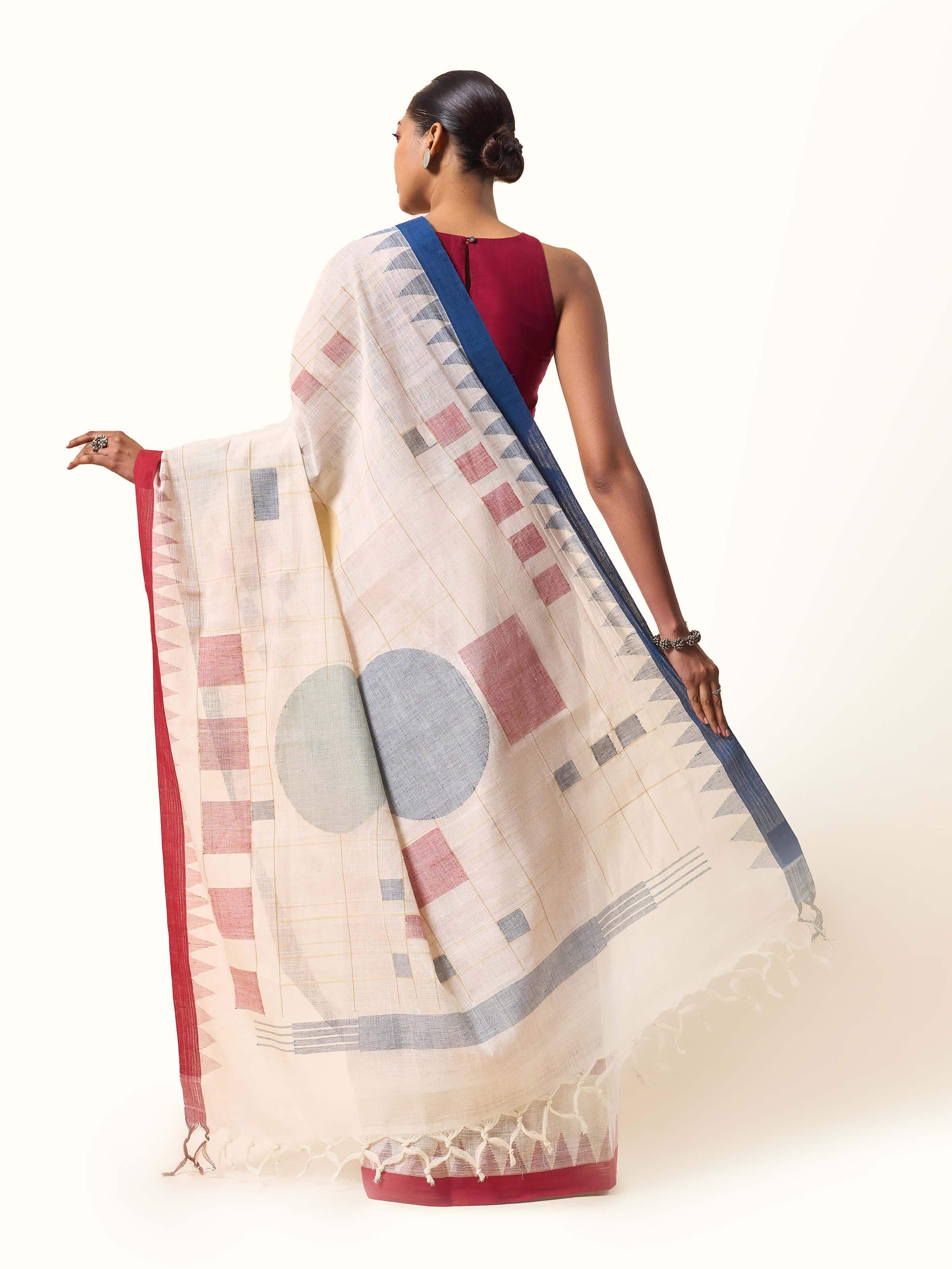Back view showing full length and detailed Jamdani embroidery on White Cotton Saree