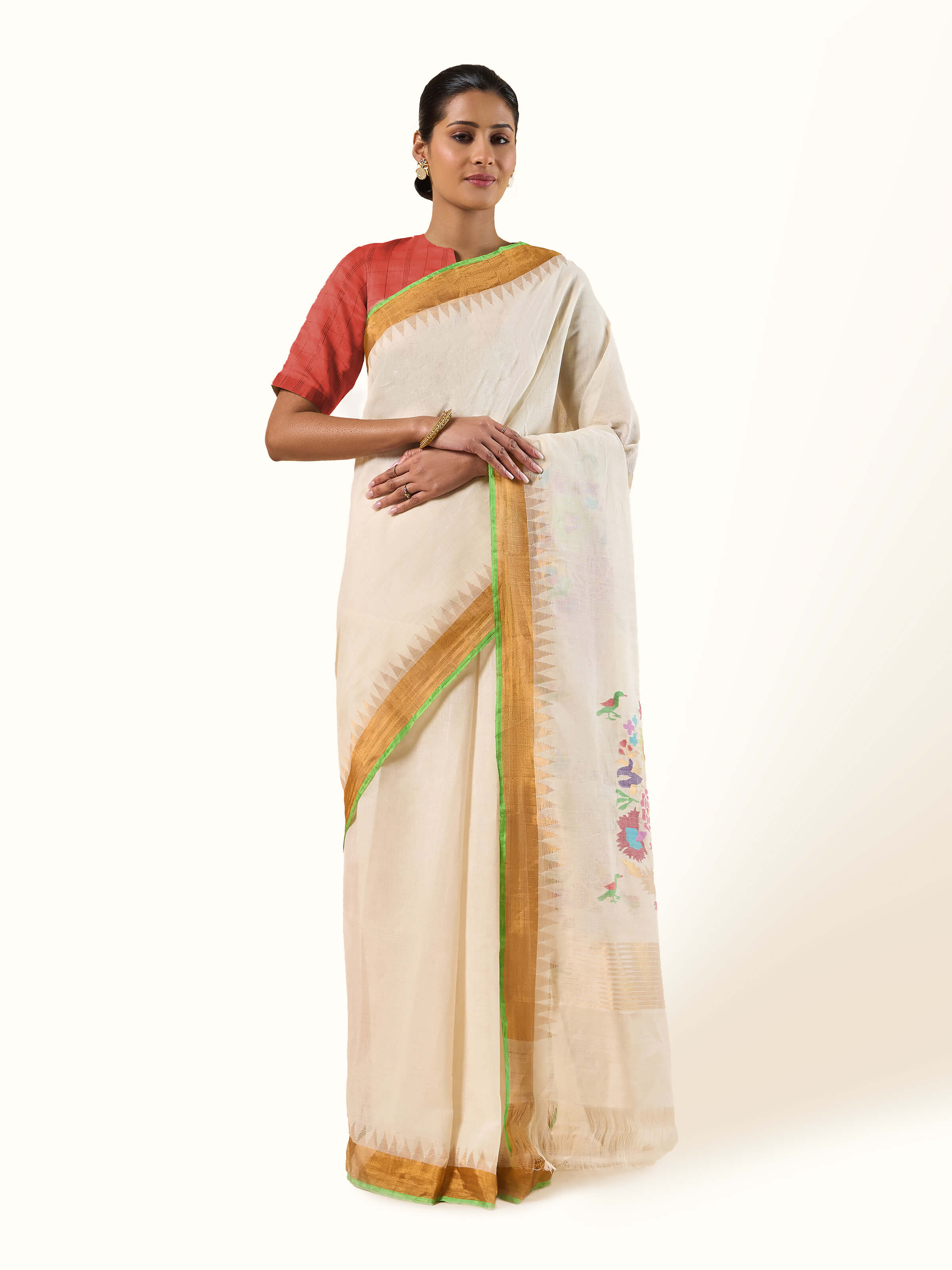 Front view of off-white cotton Uppada Jamdani saree with delicate woven motifs.