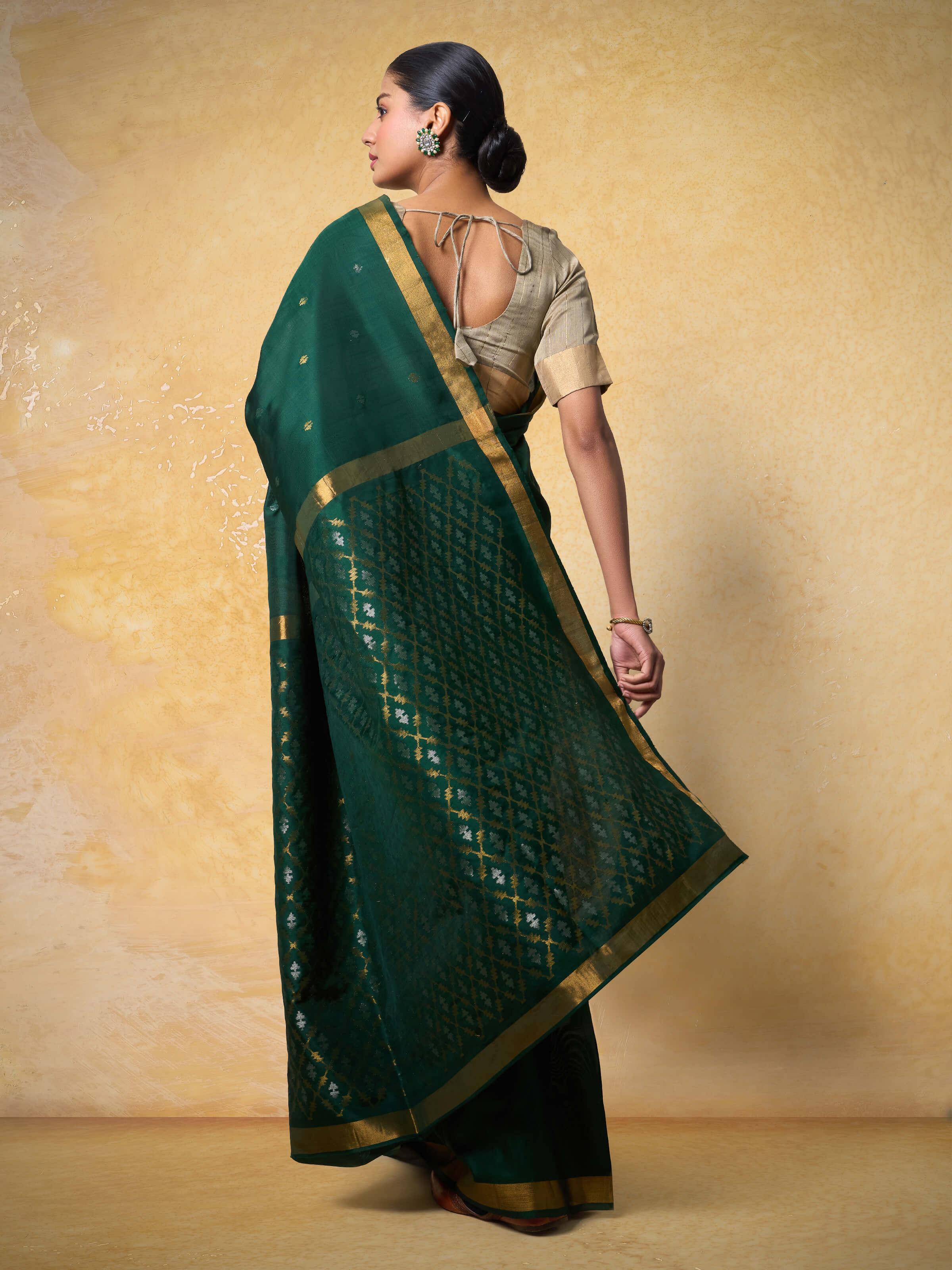 Angled view of Mulberry Silk Uppada Jamdani Saree emphasizing its intricate design