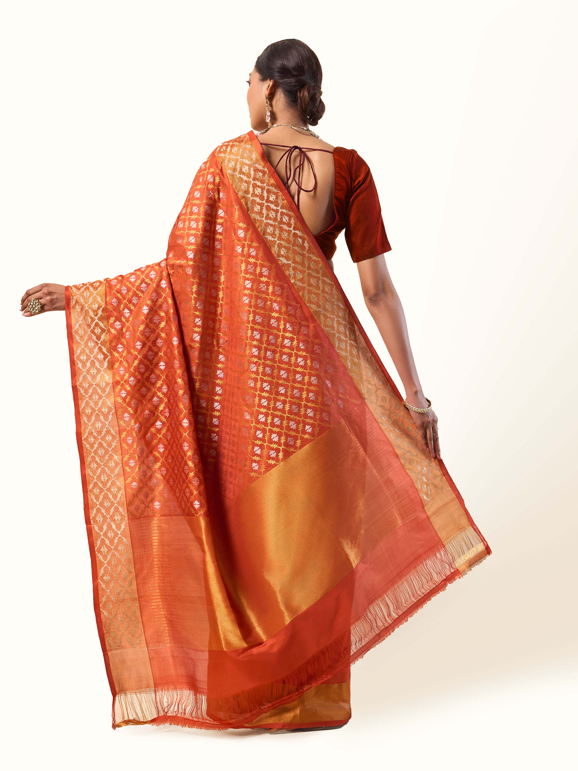 Back view of Uppada Jamdani saree showing pallu fall and pleated drape