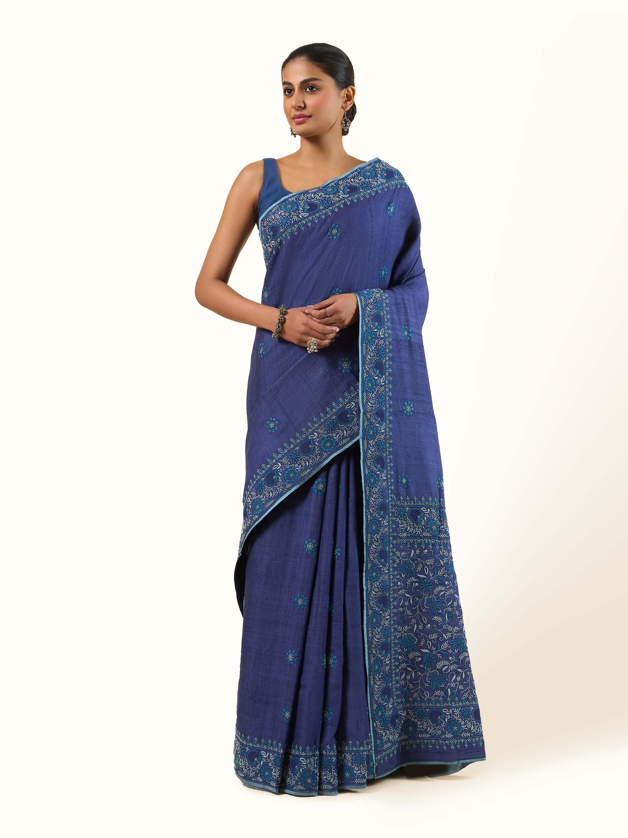 Navy Blue Silk Chikankari Saree