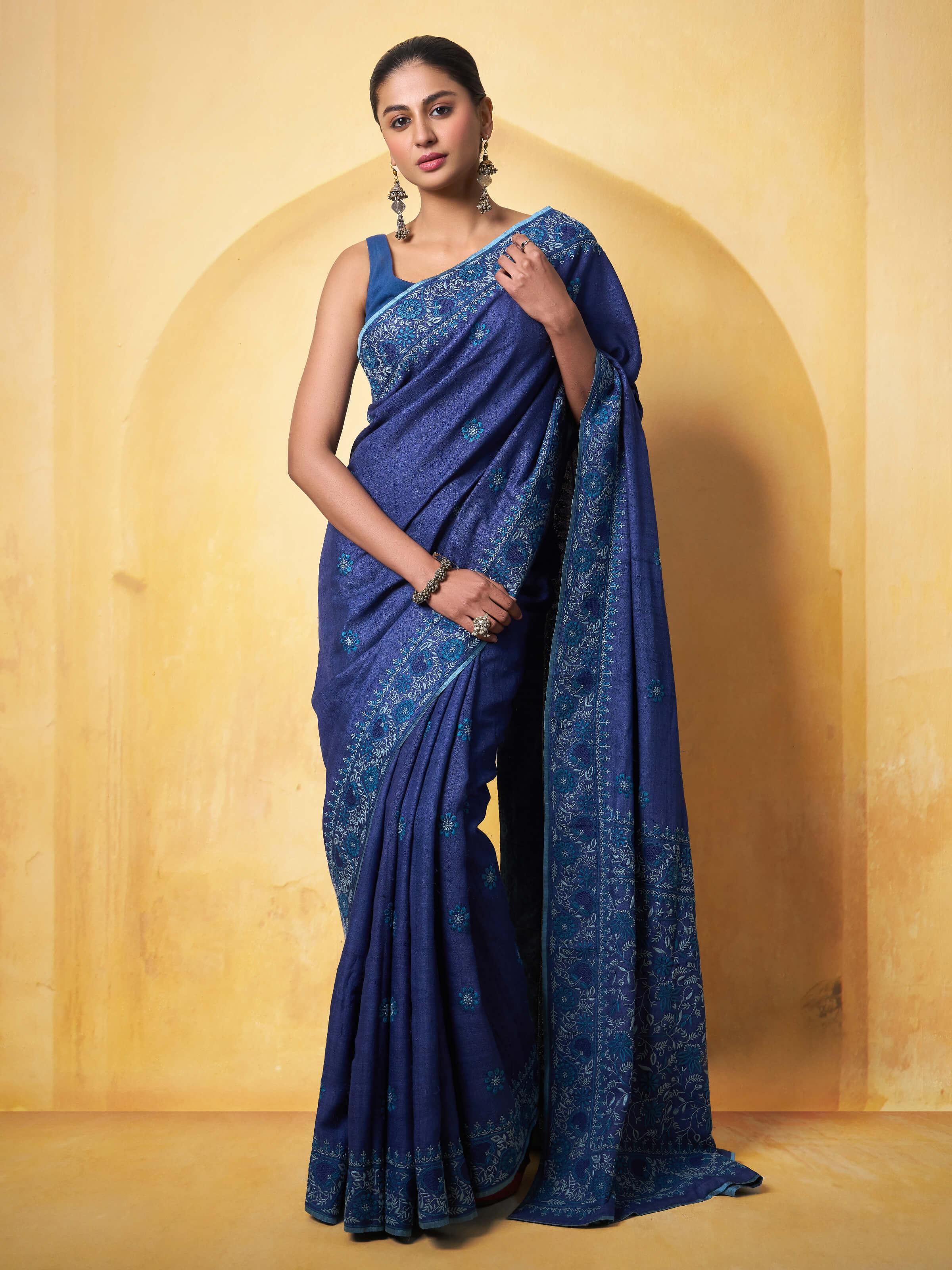 Navy Blue Silk Chikankari Saree