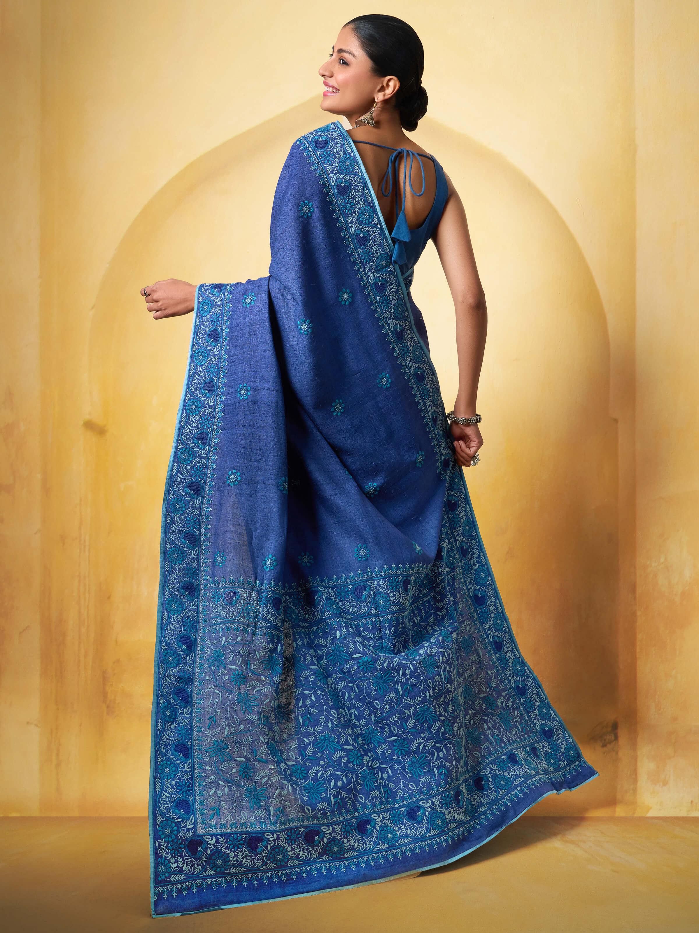 Navy Blue Silk Chikankari Saree