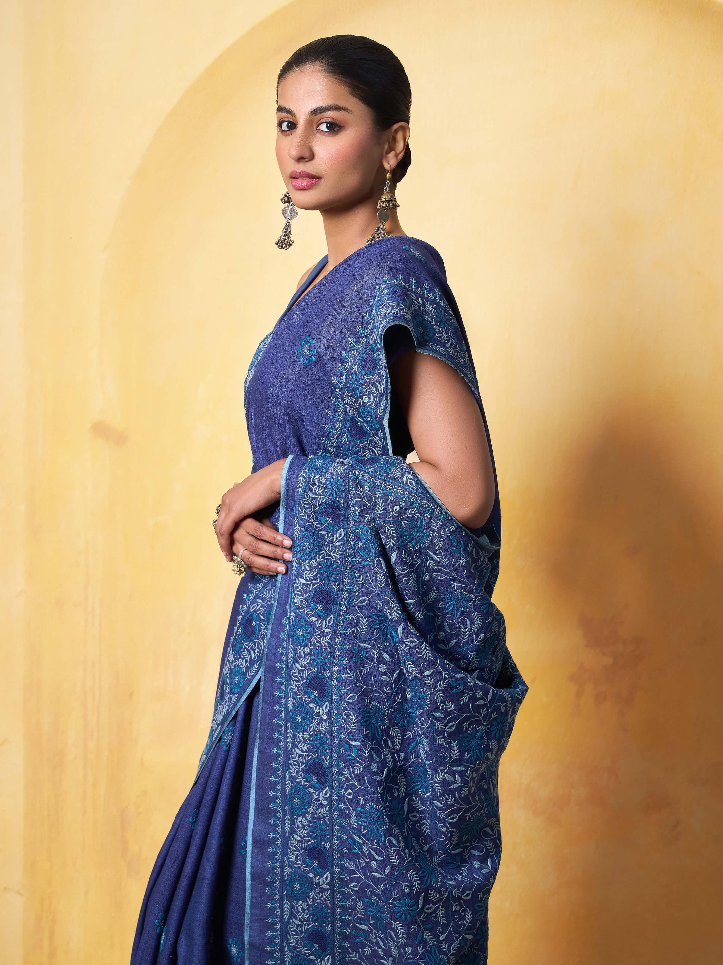 Navy Blue Silk Chikankari Saree