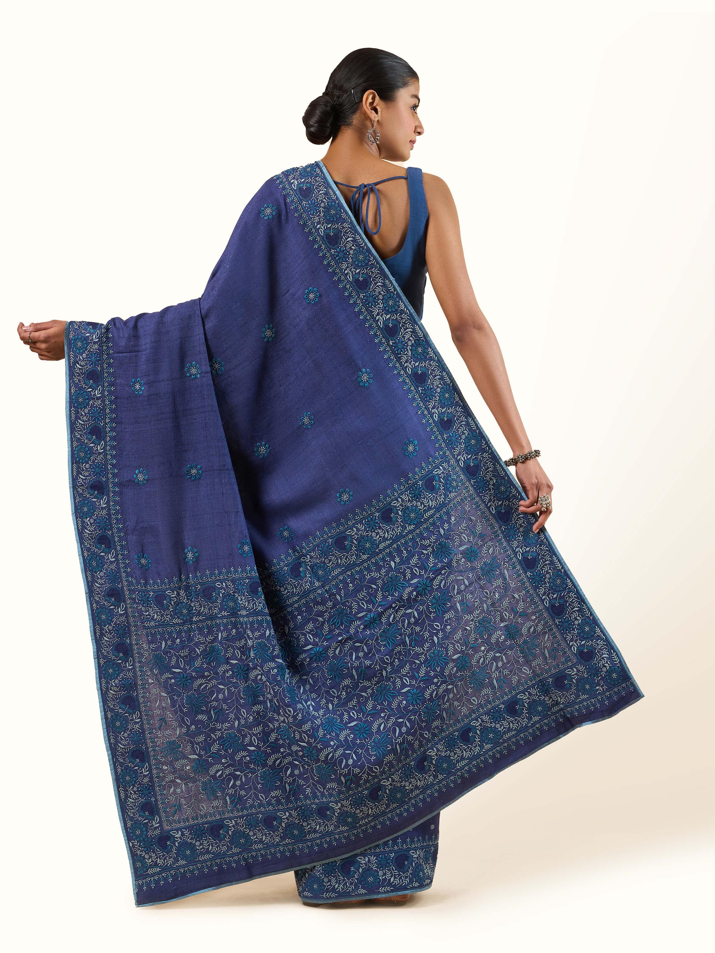 Navy Blue Silk Chikankari Saree