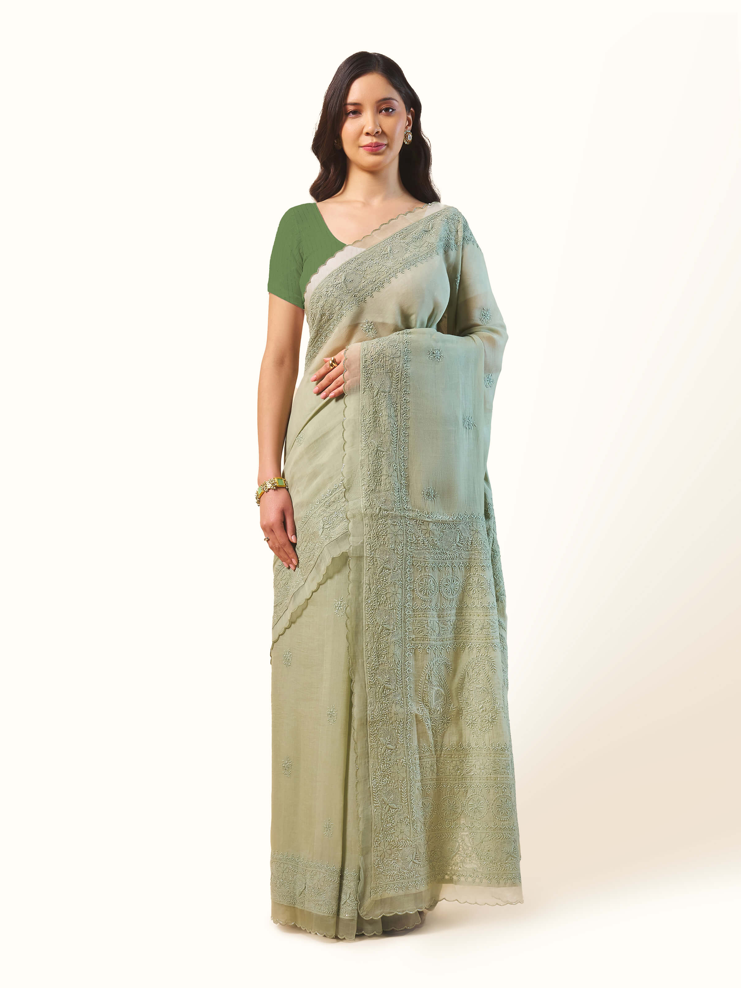 Green Cotton Silk Chikankari Saree