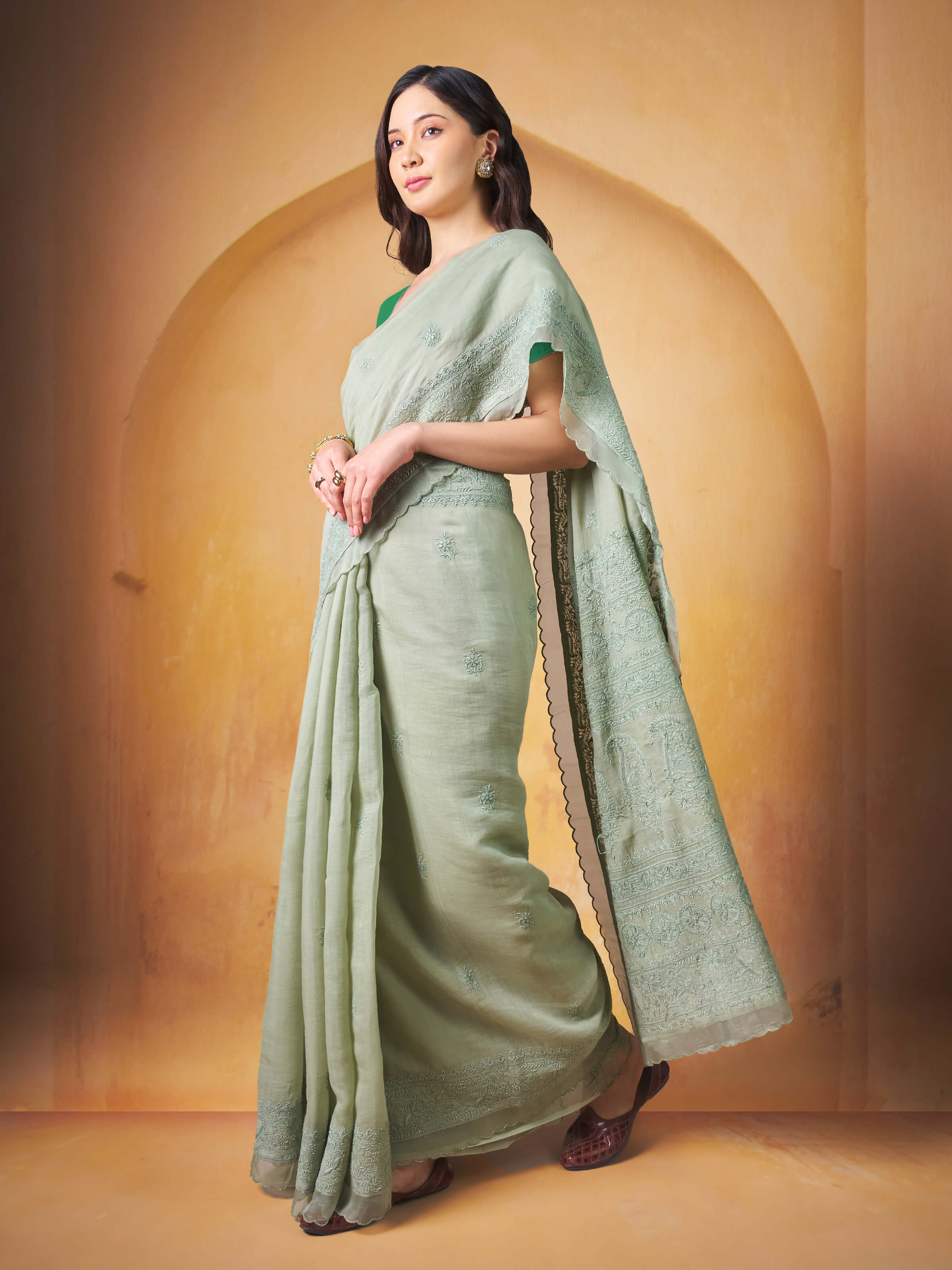 Green Cotton Silk Chikankari Saree