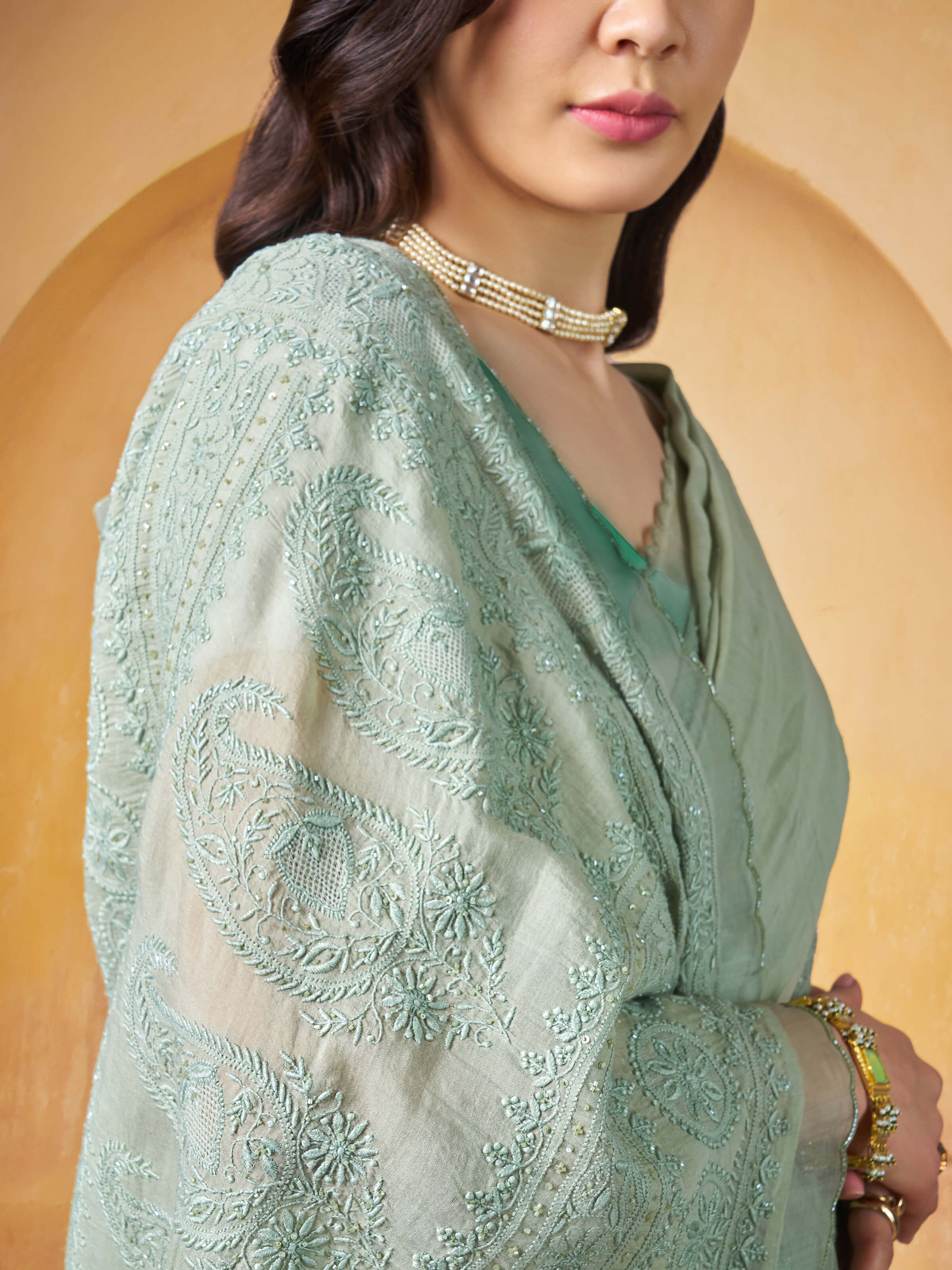 Green Cotton Silk Chikankari Saree