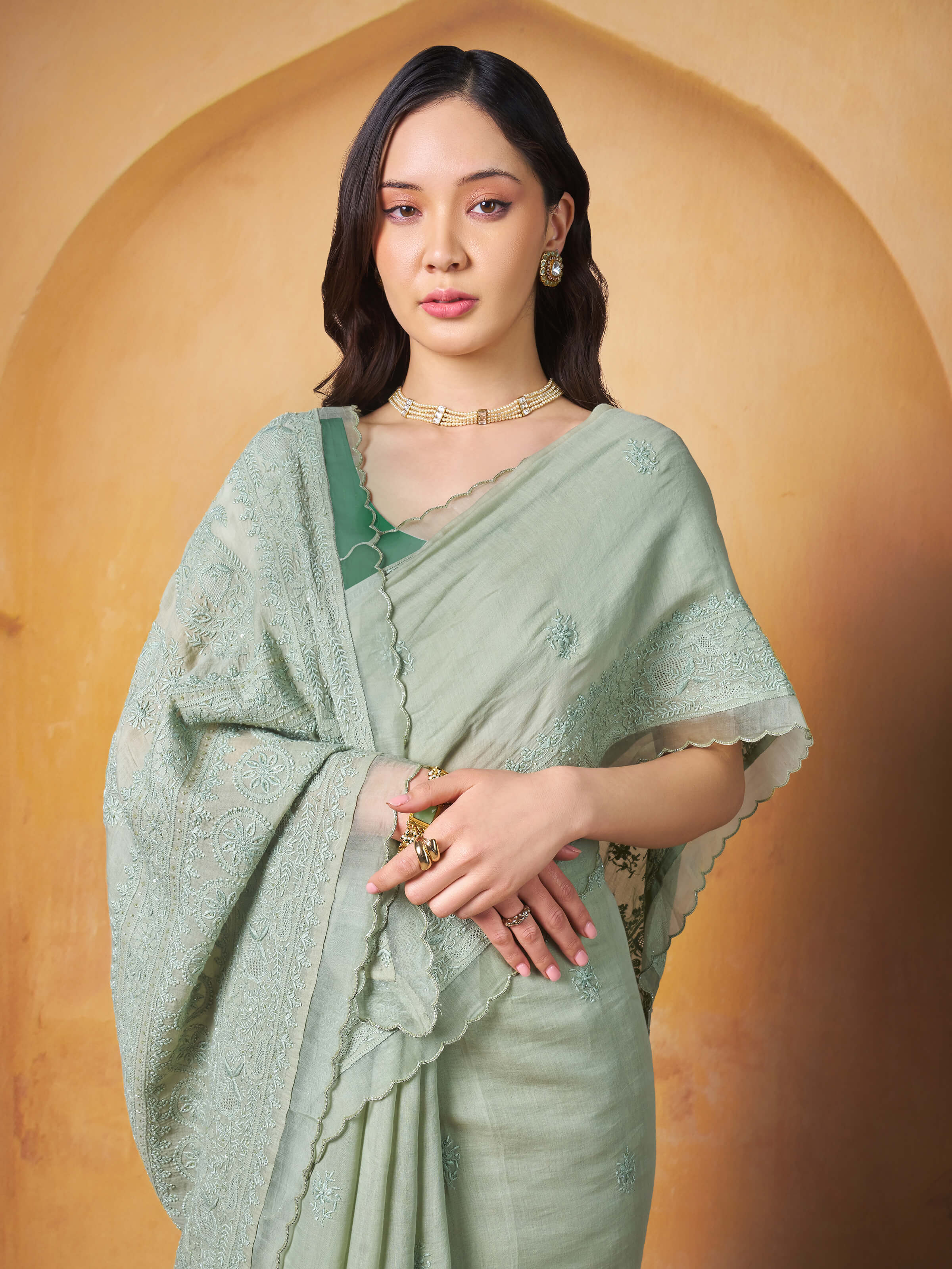 Green Cotton Silk Chikankari Saree