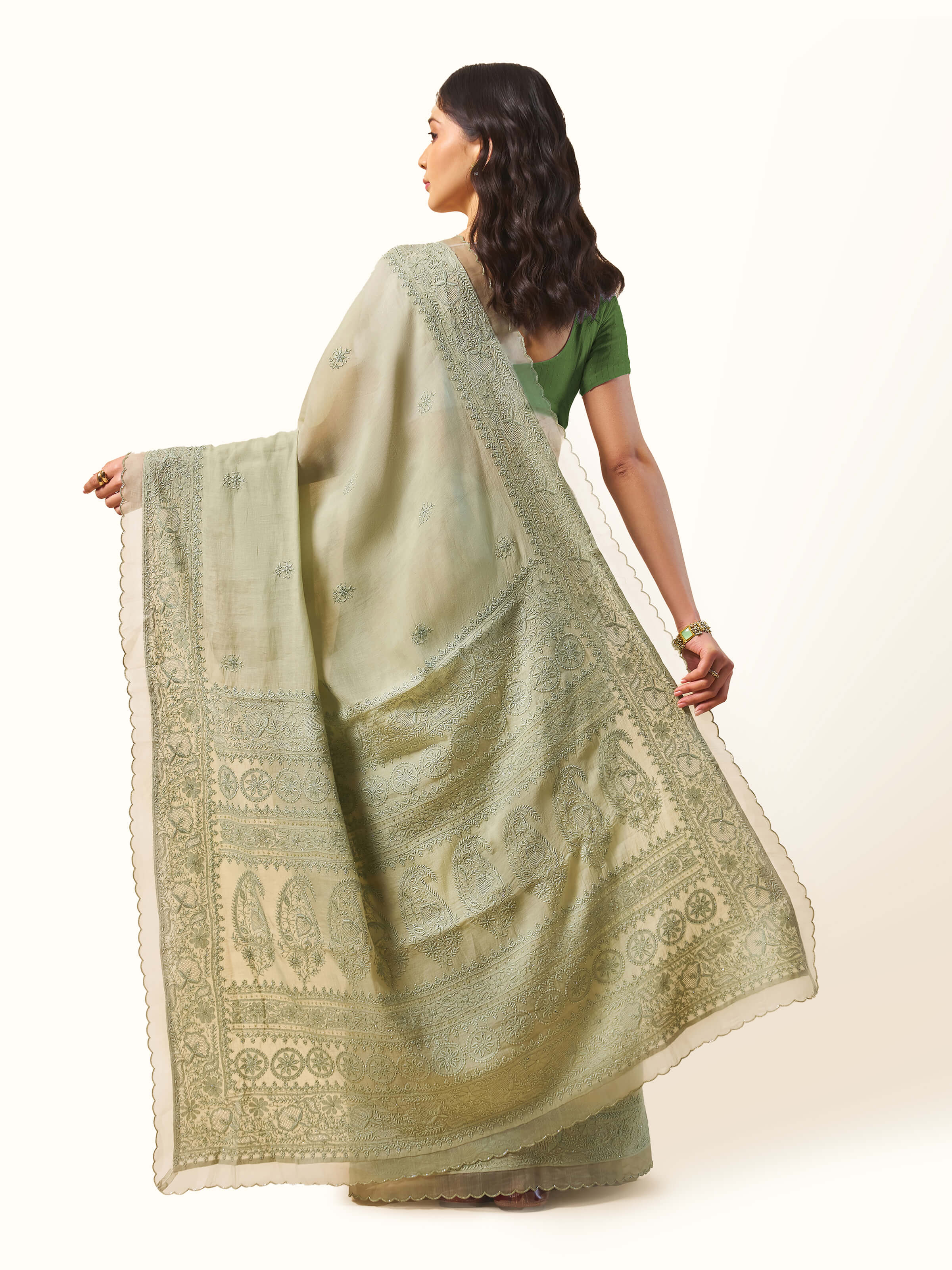 Green Cotton Silk Chikankari Saree