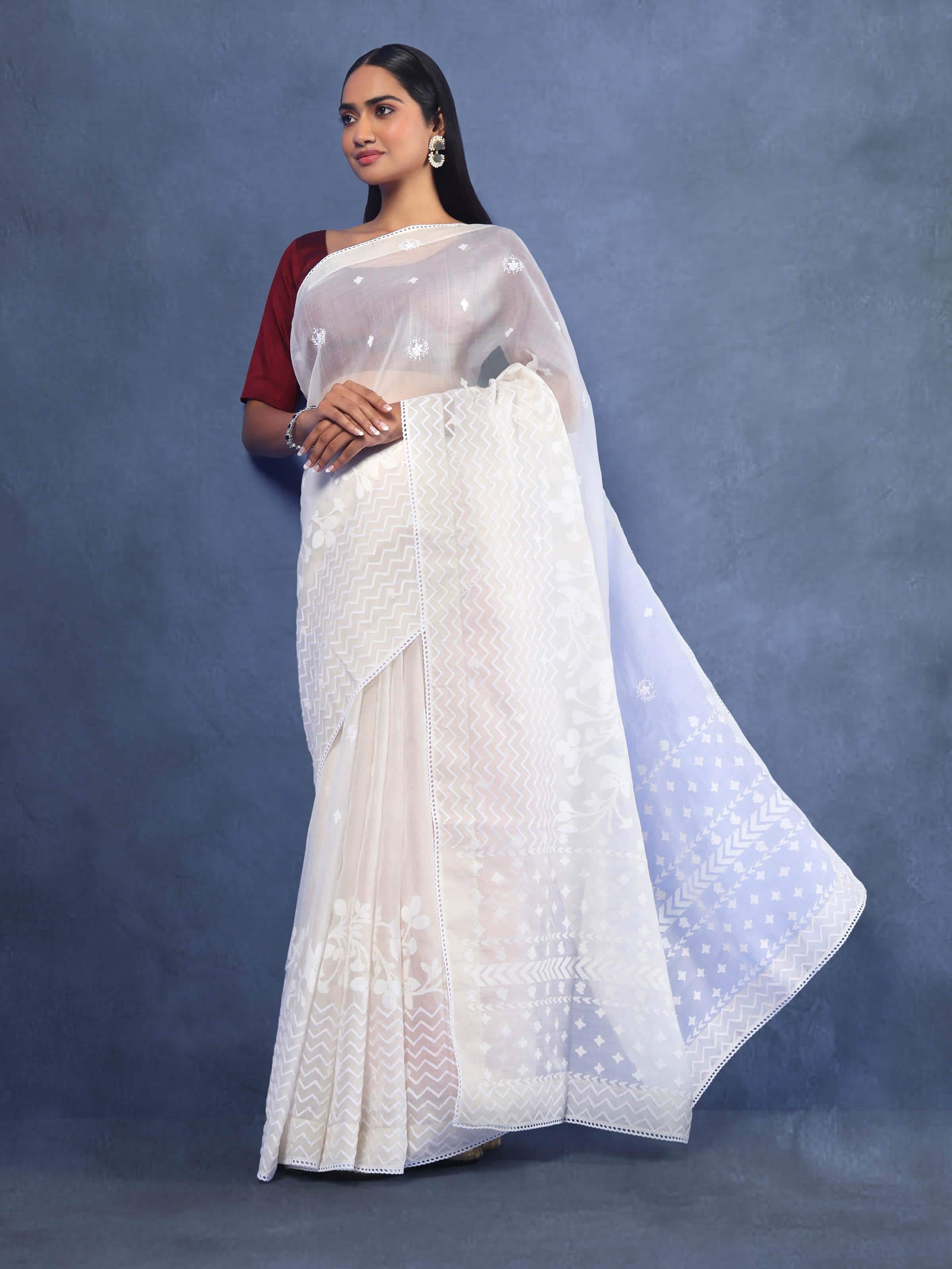 Lifestyle shot capturing the light, ethereal quality of the organza weave and the timeless elegance of Jamdani.