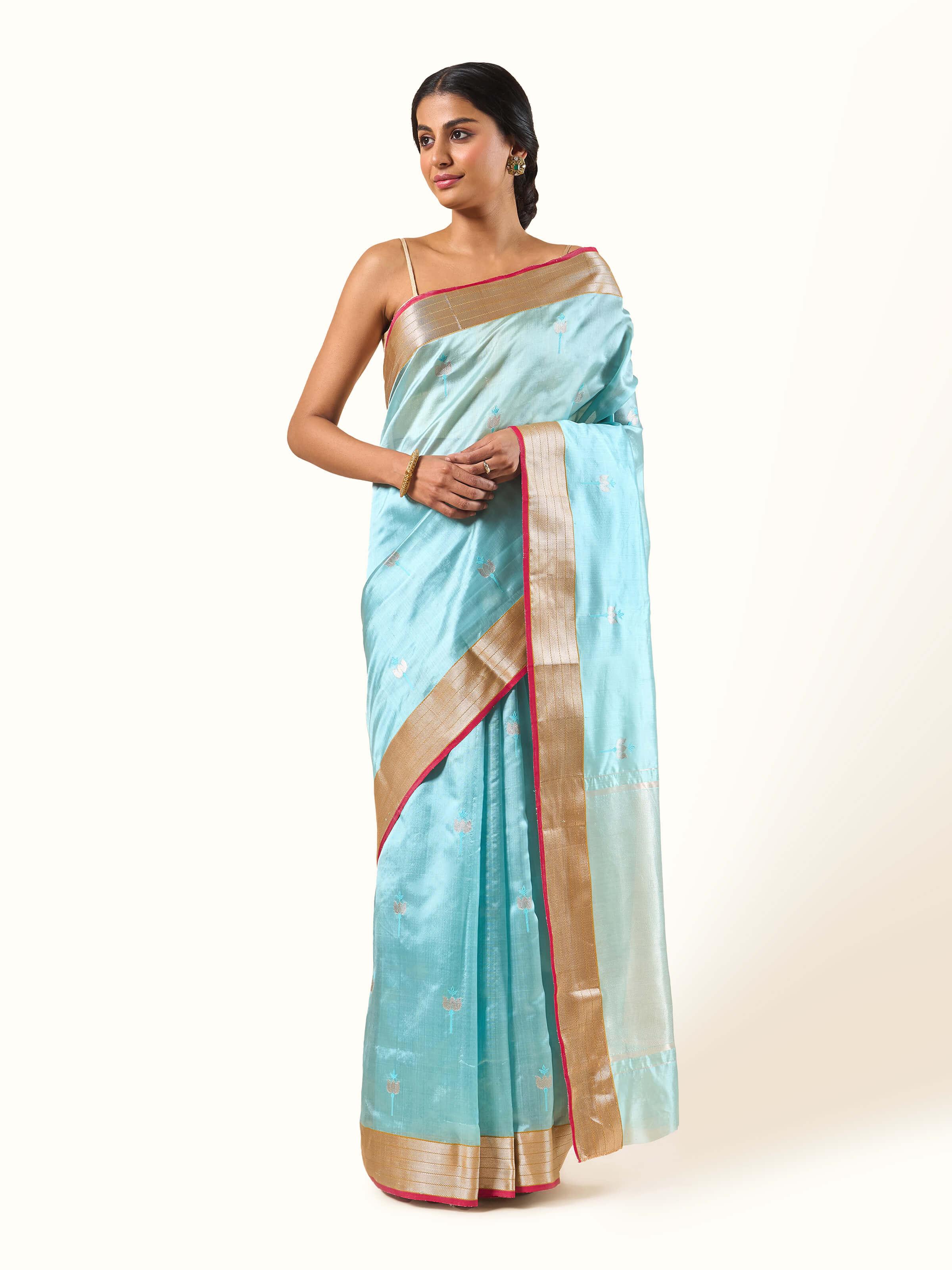 Front view of Cotton Silk Chanderi Saree showcasing elegant drape and intricate weaving