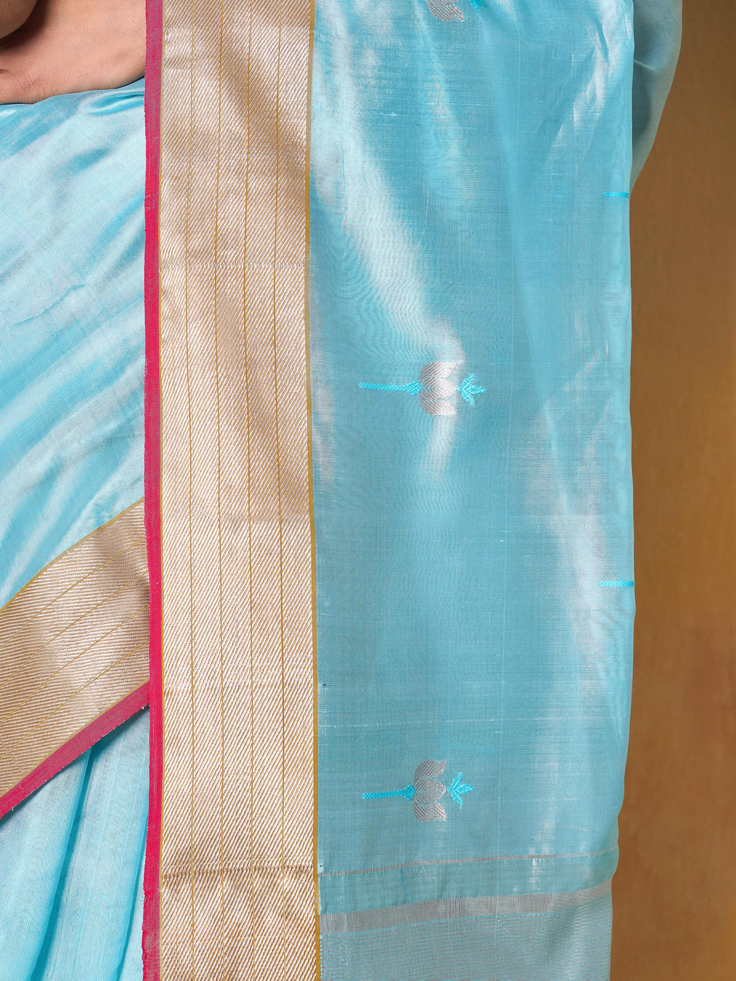 Back view of Cotton Silk Chanderi Saree showcasing intricate block printed designs and craftsmanship