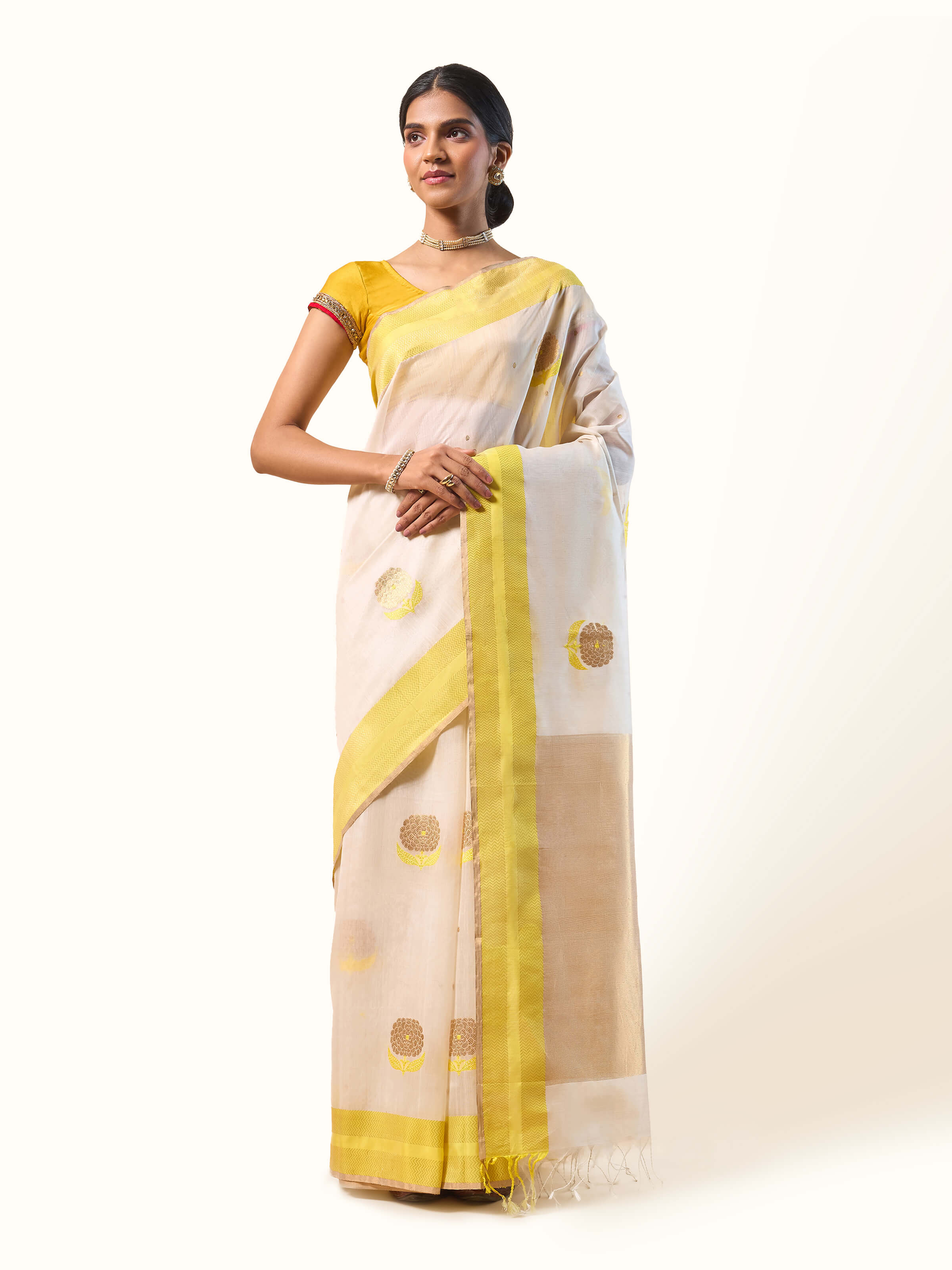 Off-white mulberry silk Chanderi saree front view showcasing subtle sheen and elegant weave