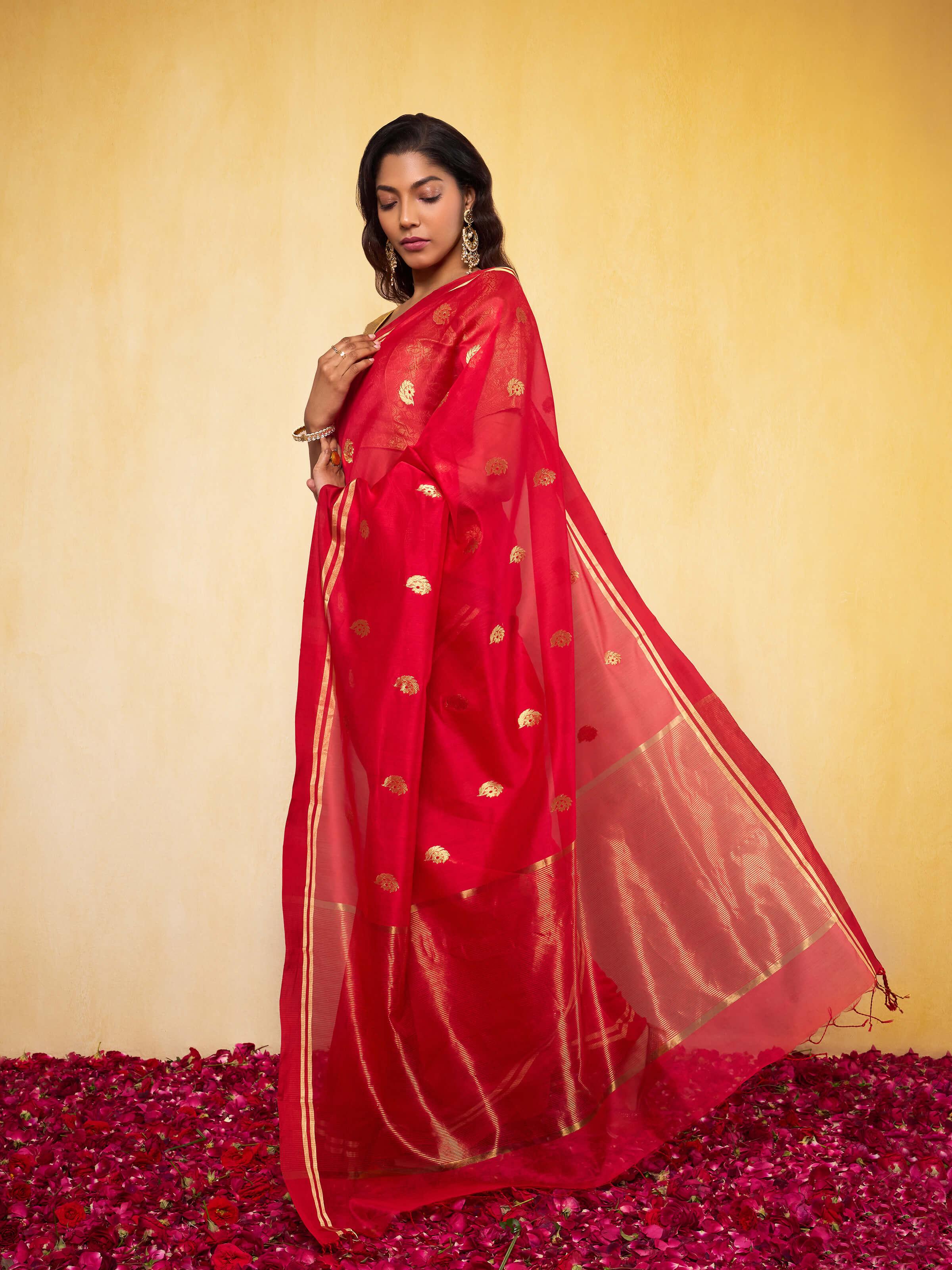 Side view of Mulberry Silk Cotton Chanderi Saree highlighting its intricate patterns and craftsmanship