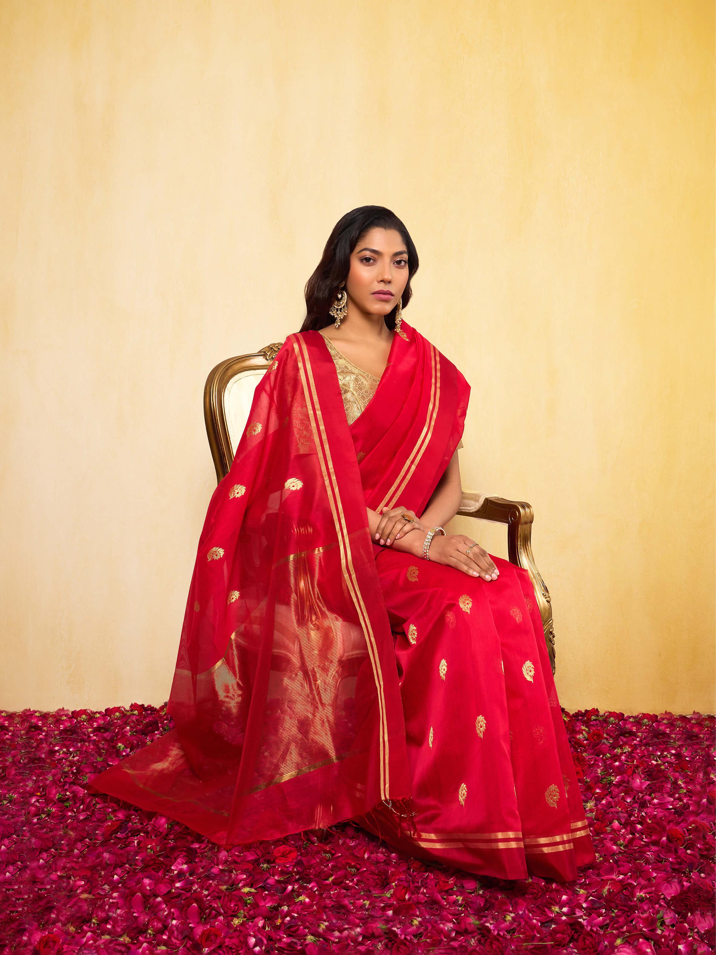 Close-up of Mulberry Silk Cotton Chanderi Saree showcasing its fine details and traditional design