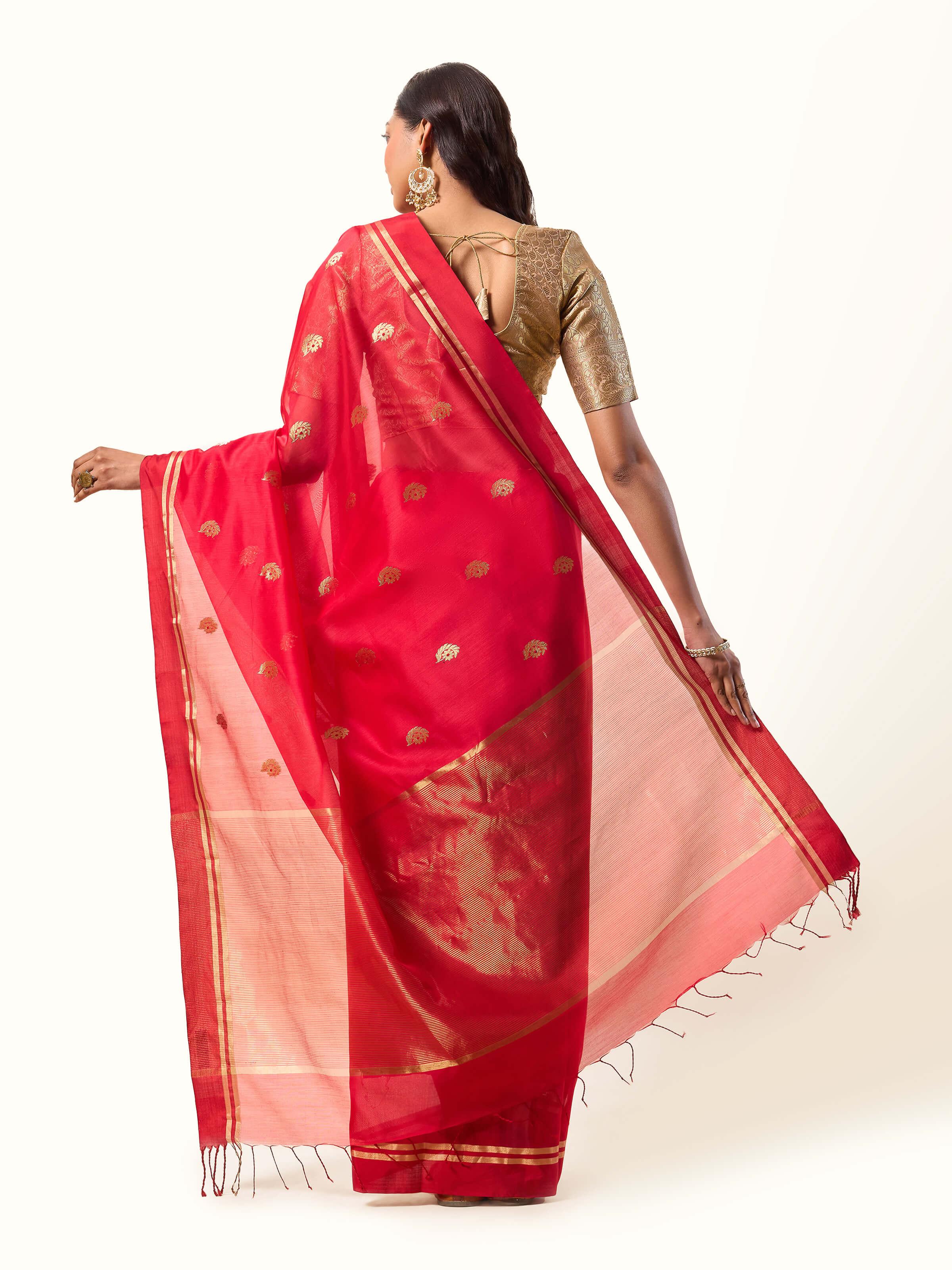Top view of Mulberry Silk Cotton Chanderi Saree highlighting its elegant borders and rich color palette