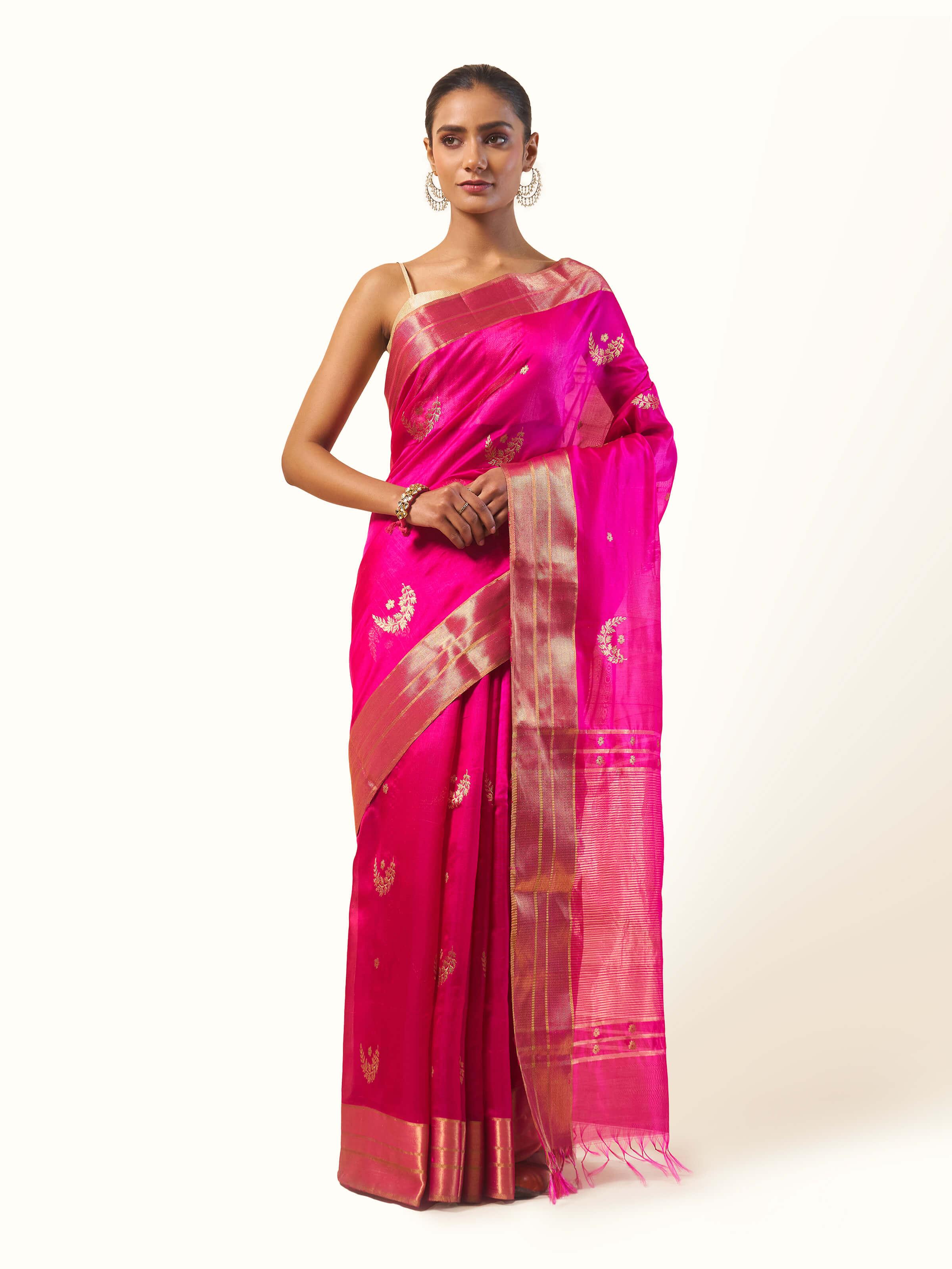 Front view of Mulberry Silk Chanderi Saree showcasing its intricate weave and elegant drape